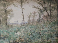 „La Campagne“ von Paul Roux, Französisches Aquarell-Landschaftsgemälde des 19. Jahrhunderts