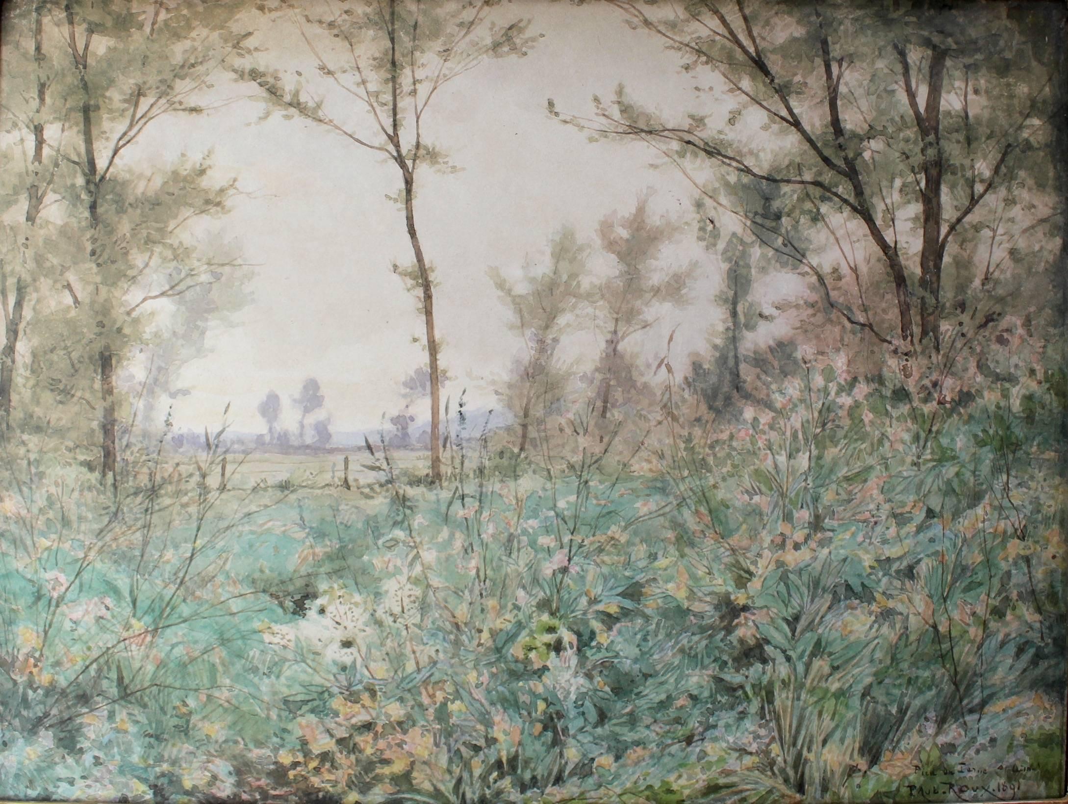 'La Campagne', watercolour on fine paper,  depicts the French countryside in summertime. Roux' watercolour technique is amazingly detailed and generally uncharacteristic of that medium. It's as if the viewer is looking from the back window to enjoy