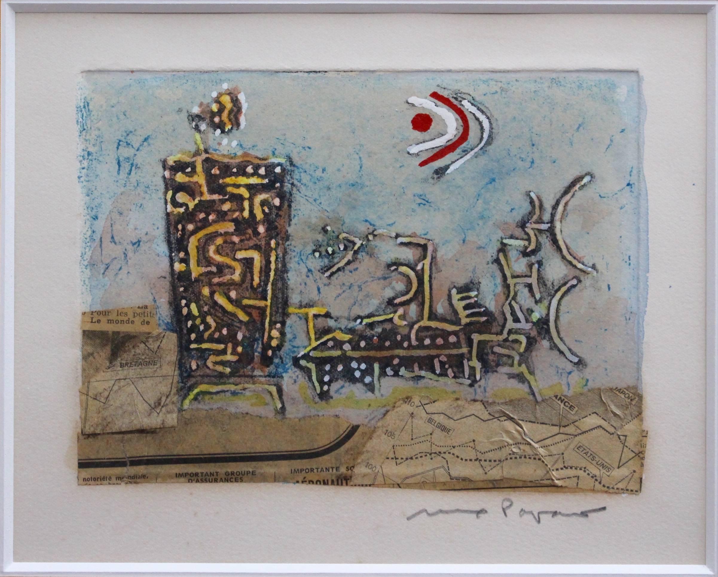 'Airare', mixed media collage on fine art paper (1973). The title of this piece refers to a primitive plough used in southern Europe and an almost obsessive object of Papart's compositions. This abstract image is repeated in dozens of Papart's