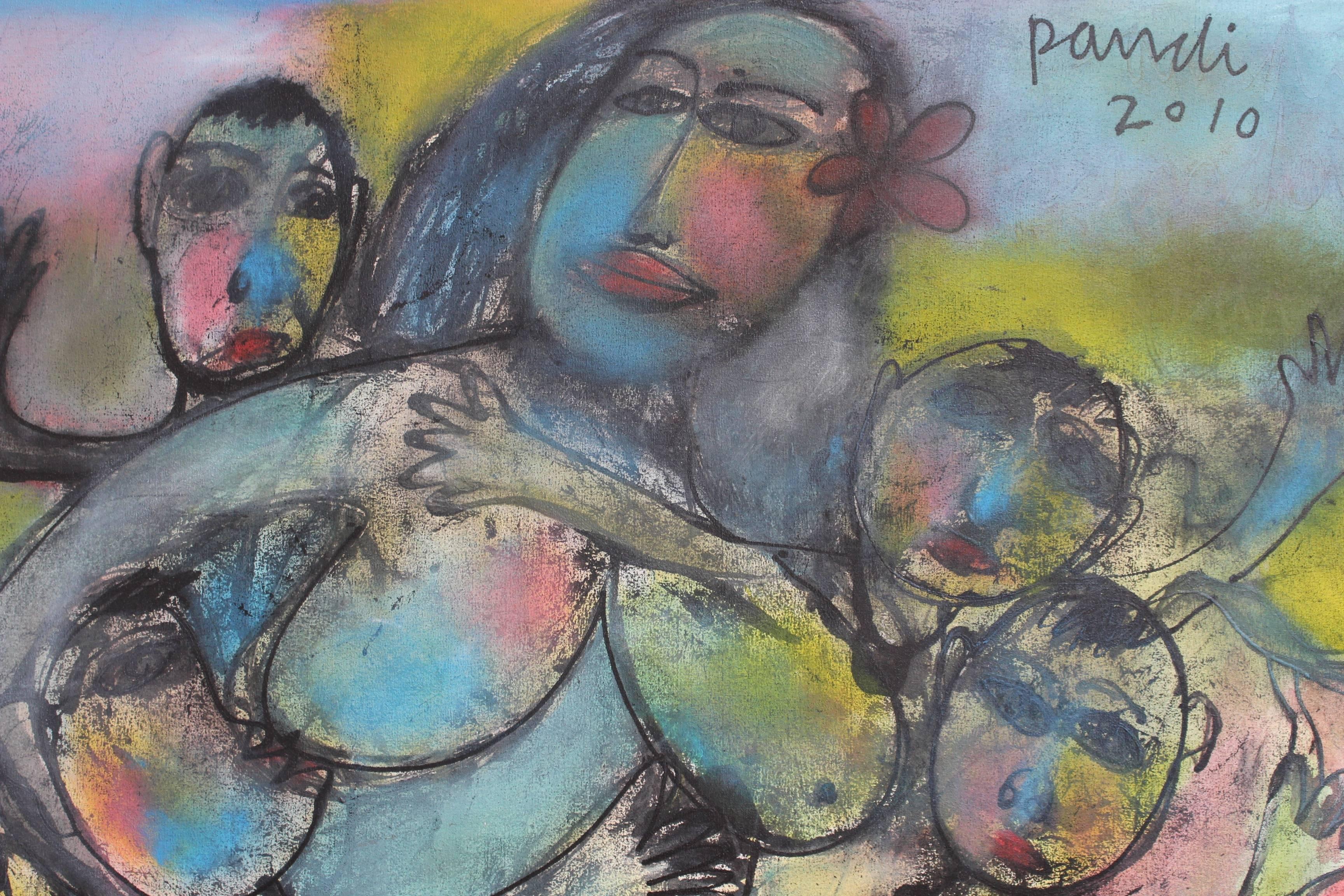 Mother with Children - Painting by Pandi
