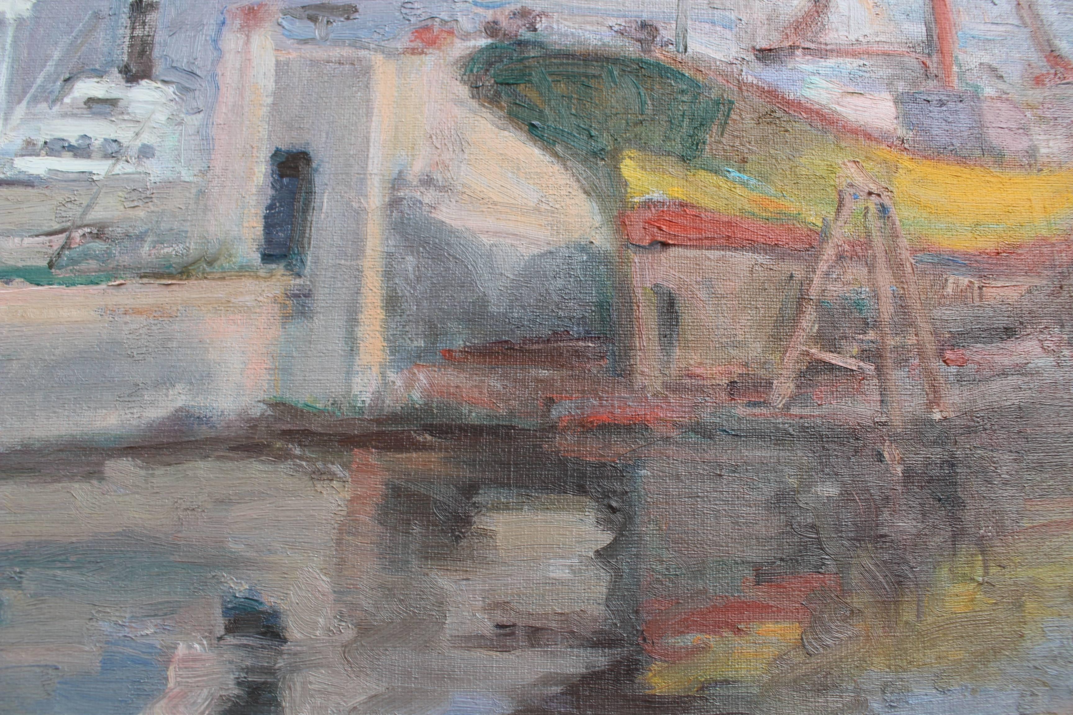 Mediterranean Port - Gray Figurative Painting by Pere Soulere Martí 