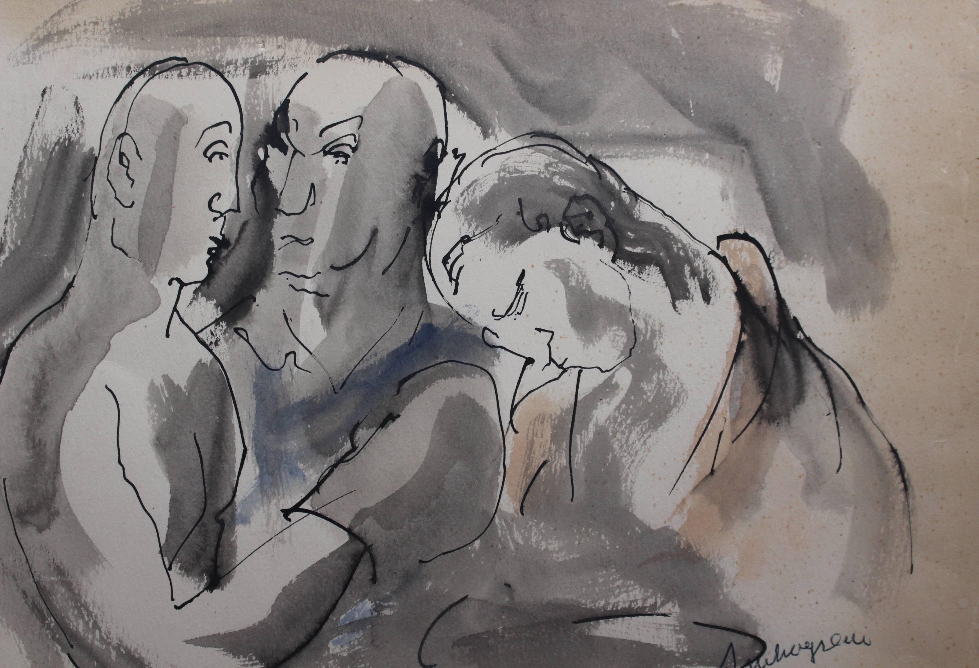 'Les  Boxeurs', an somewhat unusual subject amongst his body of work, this ink and watercolour on paper depicts two boxers being separated by a referee. Ambrogiani's depiction of their facial expressions and posture say it all: one boxer is