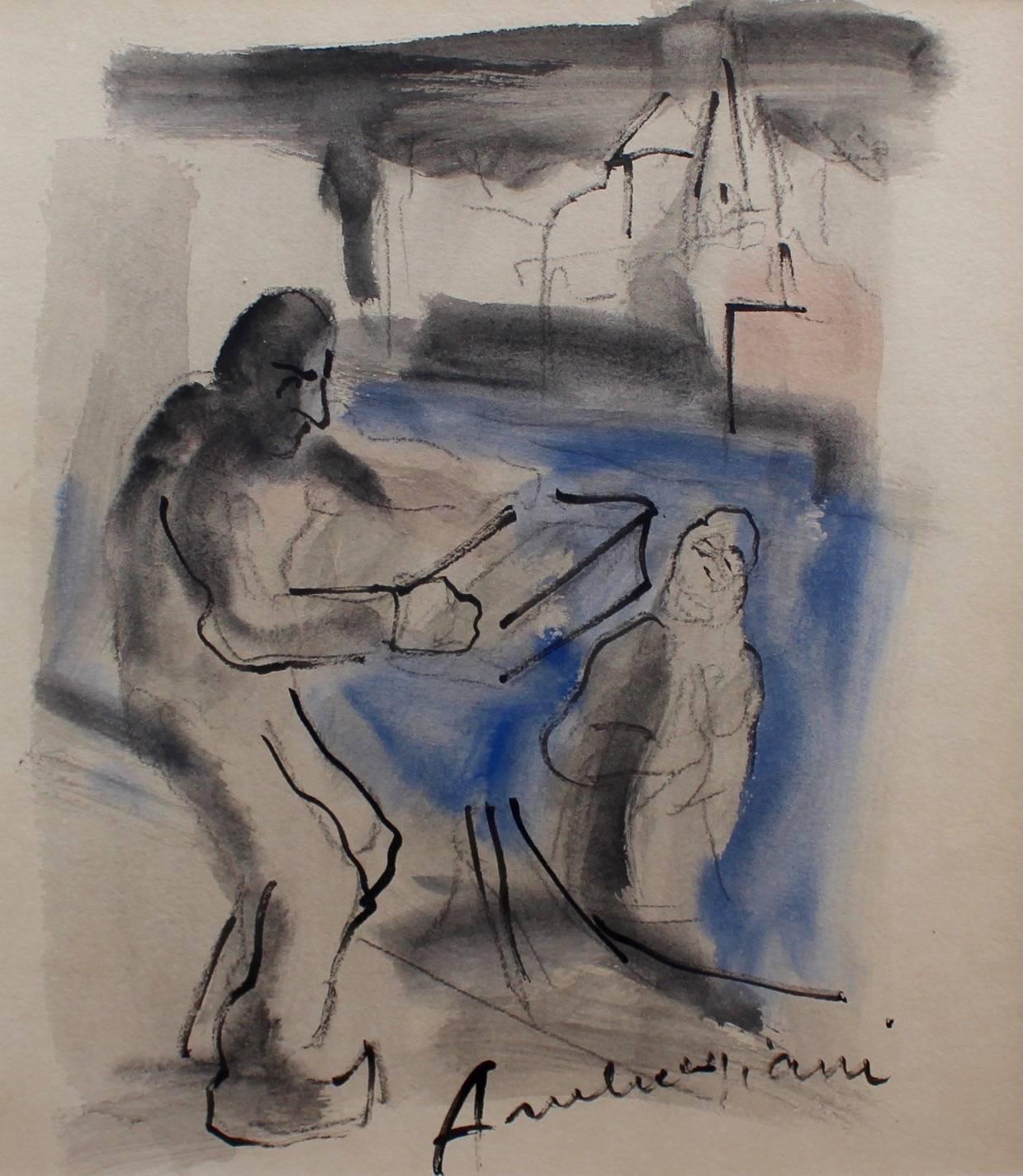 'Port of Marseille Fish Market' (c. 1960s), gouache on paper depicting the fish market in the vieux port of Marseille. A woman passing by a fisherman who is just putting out his first container for display along the quay. The image is sketch-like