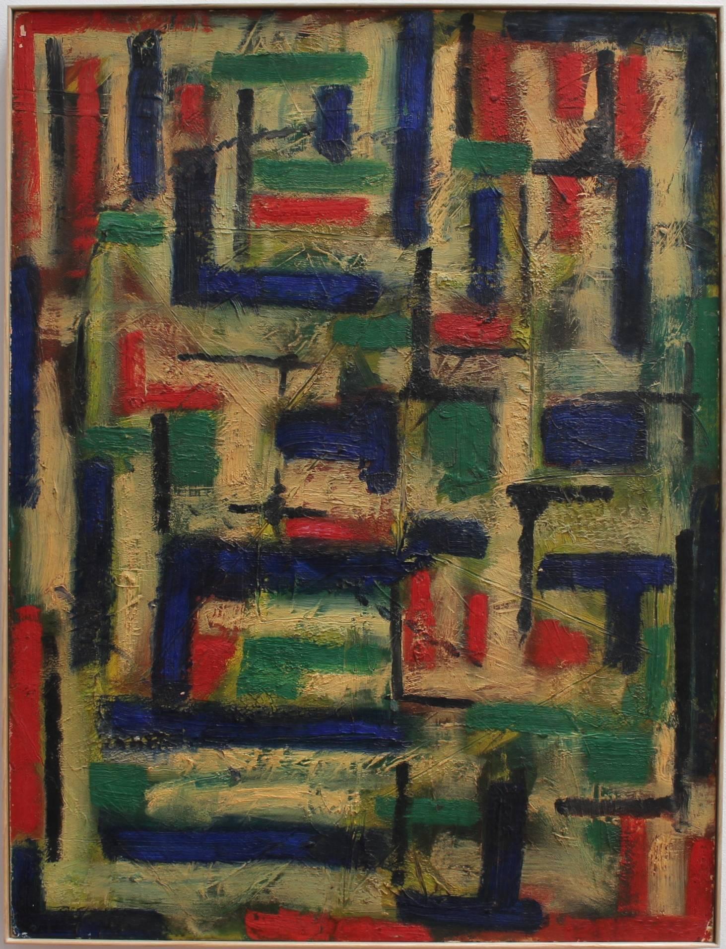 'Colours in Abstract' (1953) by Meunier de Risset, most likely, French. Oil on board. For the viewer, there is a sense of looking through an intricate stained glass window... with no one in view on the other side. Research does not reveal any
