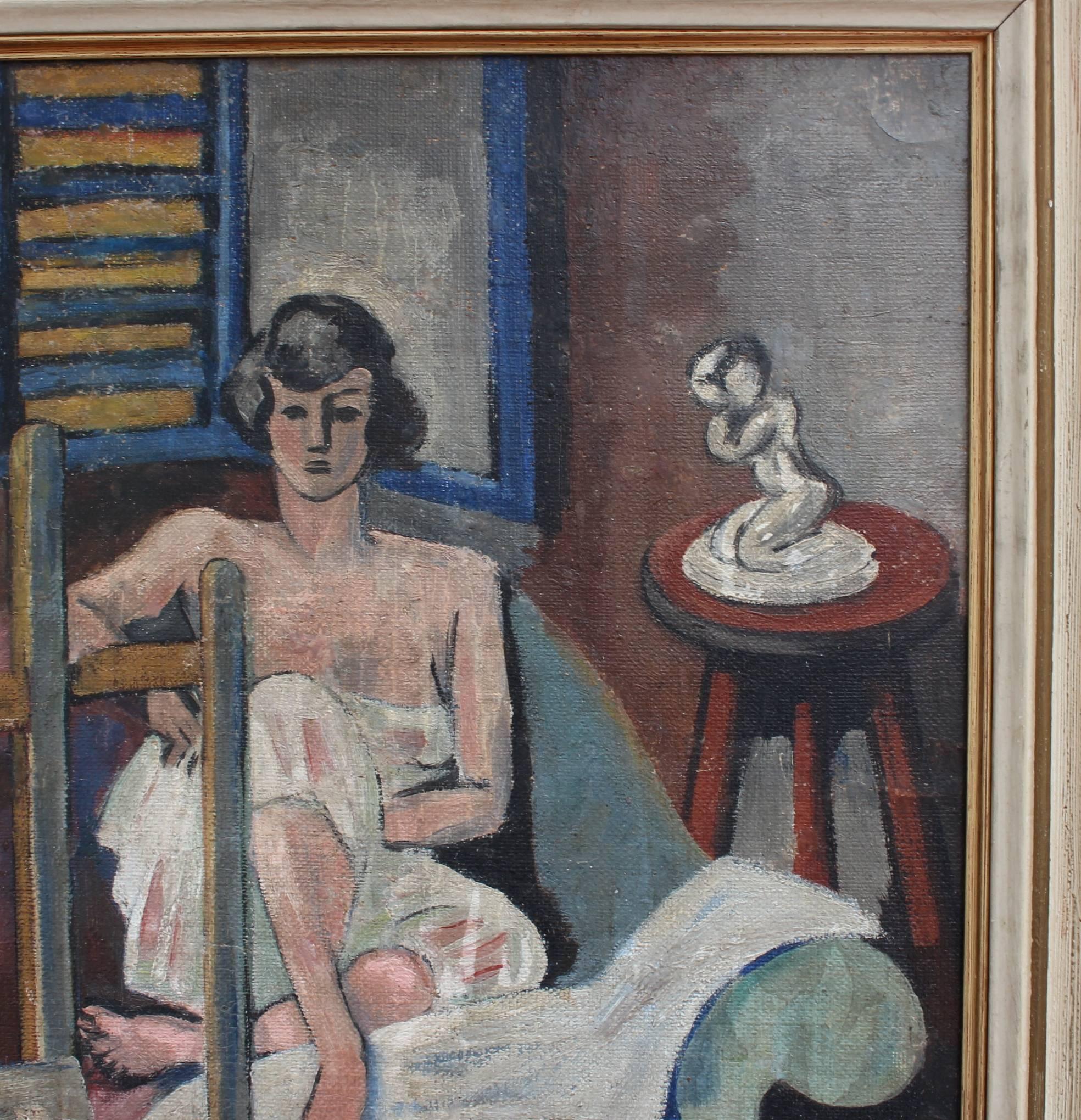 'Seated Woman' by M. Debuchy, Modern Portrait Oil Painting, circa 1930s 3