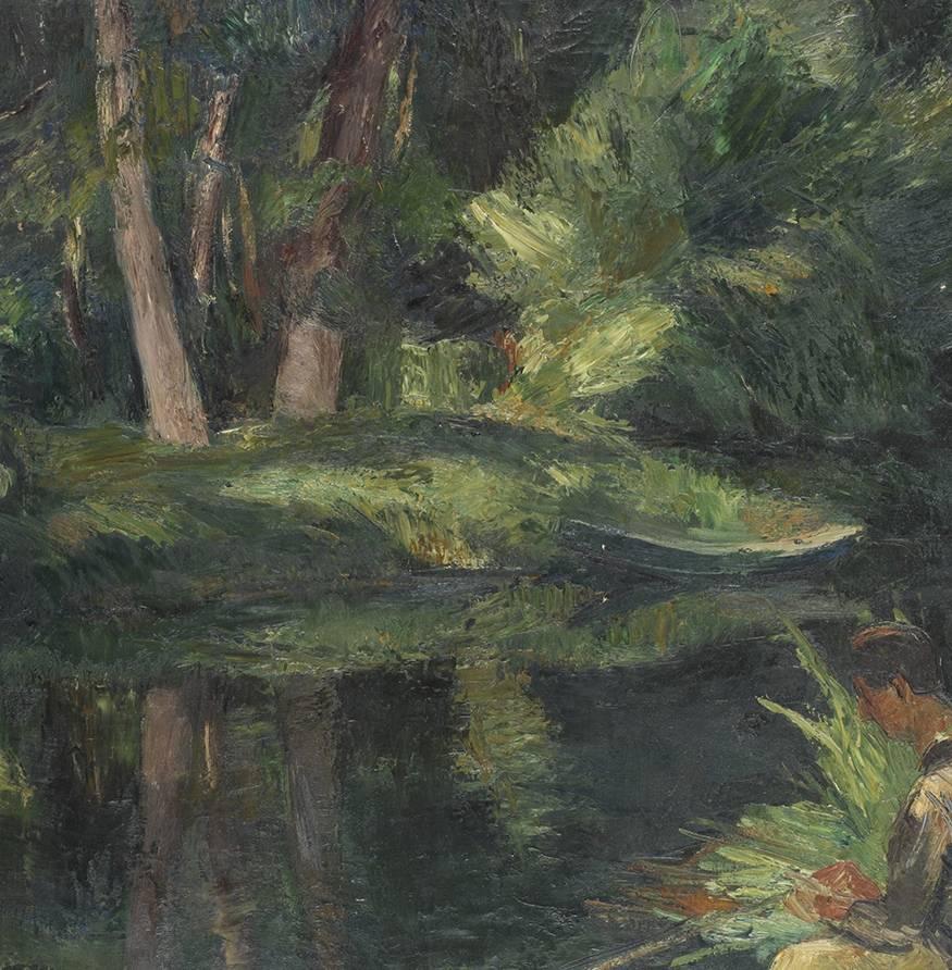 'The Fisherman' or 'Le Pecheur' (c. 1930s), oil on canvas, by Charles Kvapil (1884 - 1957). This artwork depicts a solitary man fishing in a pond surrounded by lush foliage. Notwithstanding the title of the work, the fisherman is portrayed by the