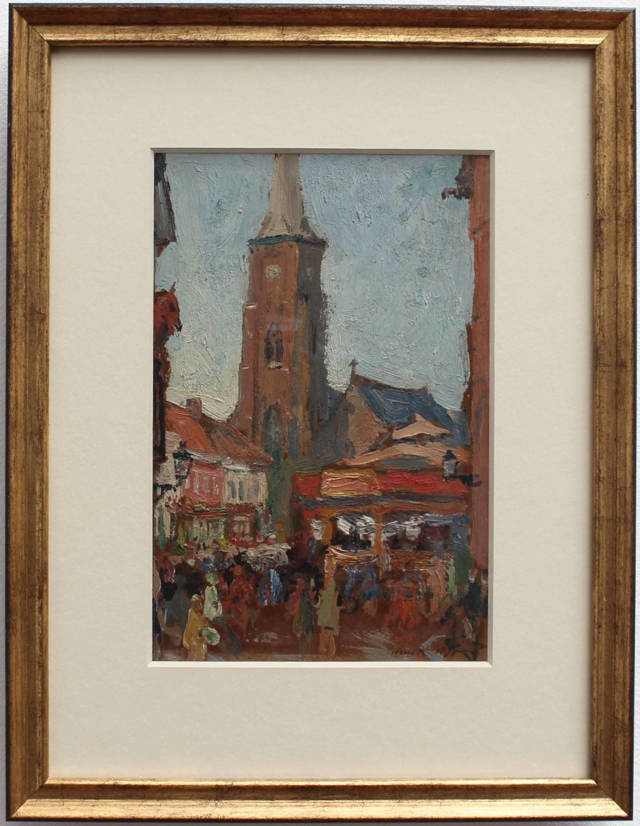 'Belgian Market Square' - Saint-Amand Church, Mouscron, Belgian - Painting by Jean-René Nys