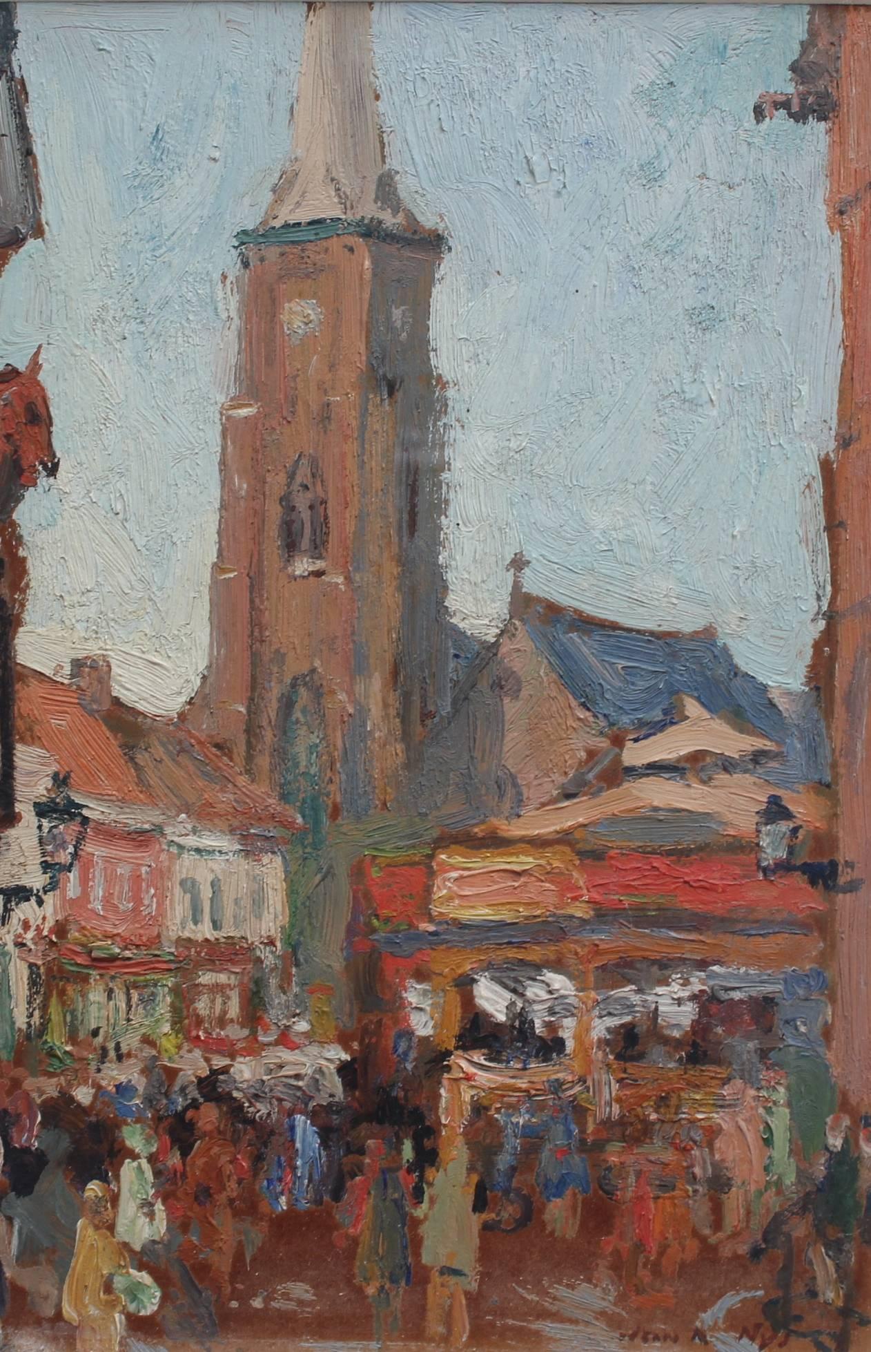 Jean-René Nys Figurative Painting - 'Belgian Market Square' - Saint-Amand Church, Mouscron, Belgian