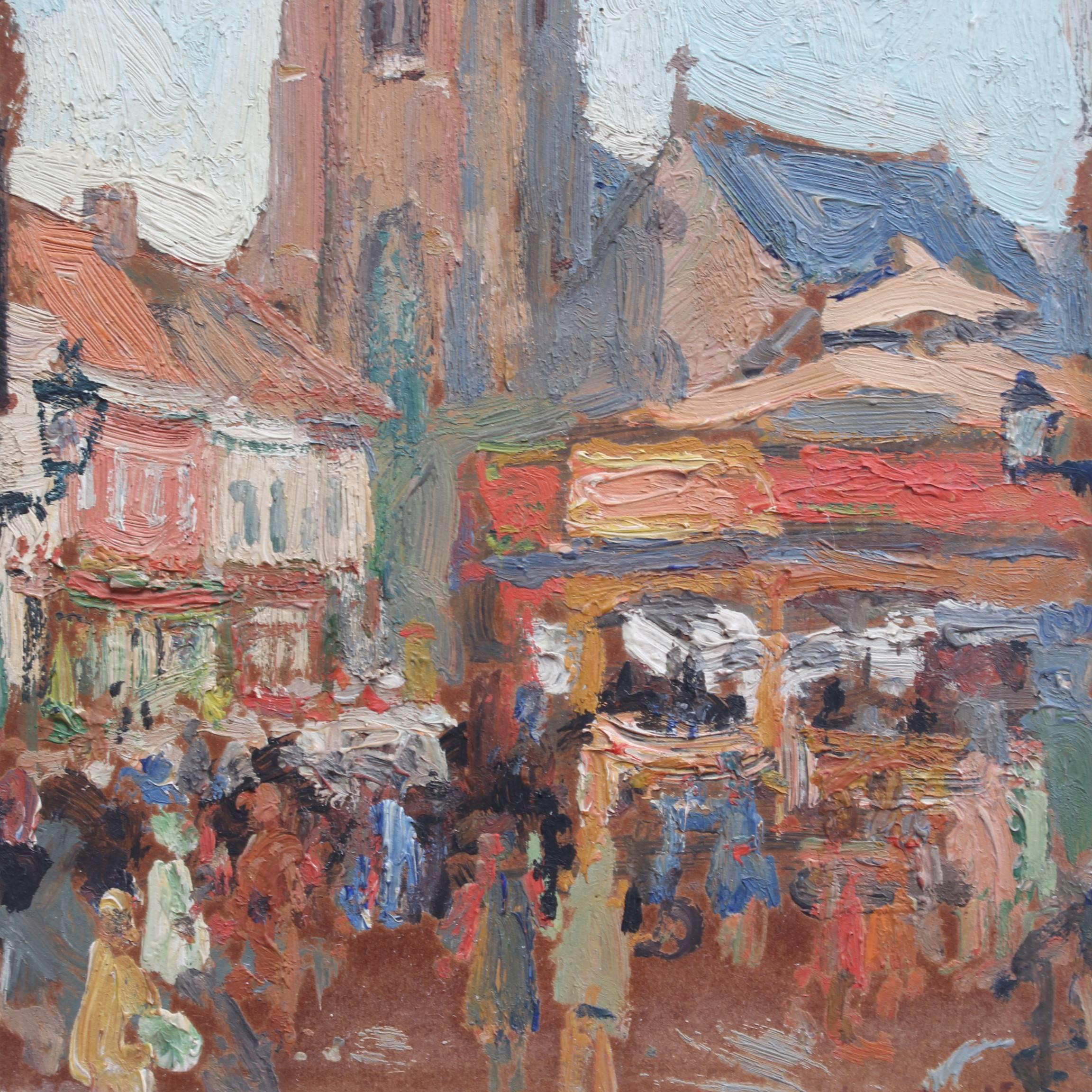'Belgian Market Square' - Saint-Amand Church, Mouscron, Belgian - Modern Painting by Jean-René Nys