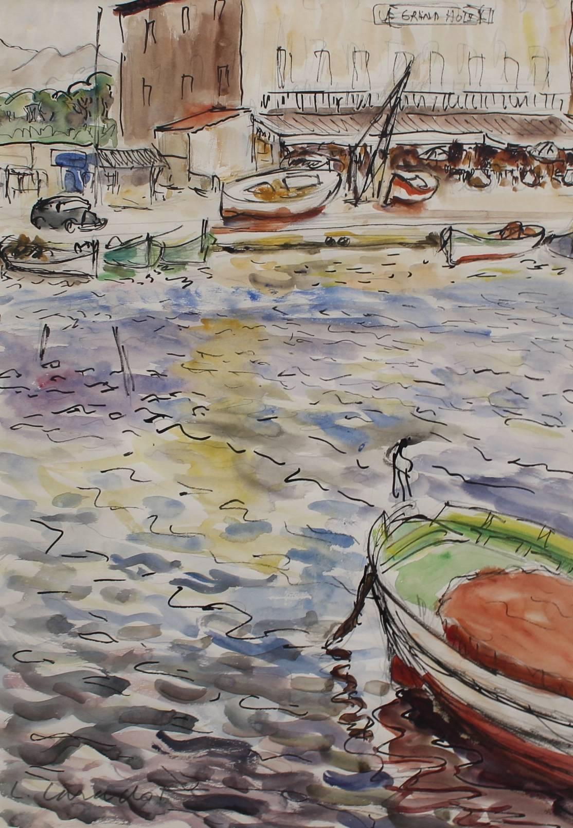 'French Riviera Port', watercolour on paper, by Louis Caradot (1896 - 1980). This expressive work depicts a small, sleepy port of the French Riviera seemingly before the glitz and glamour arrived with Brigitte Bardot and other international figures.