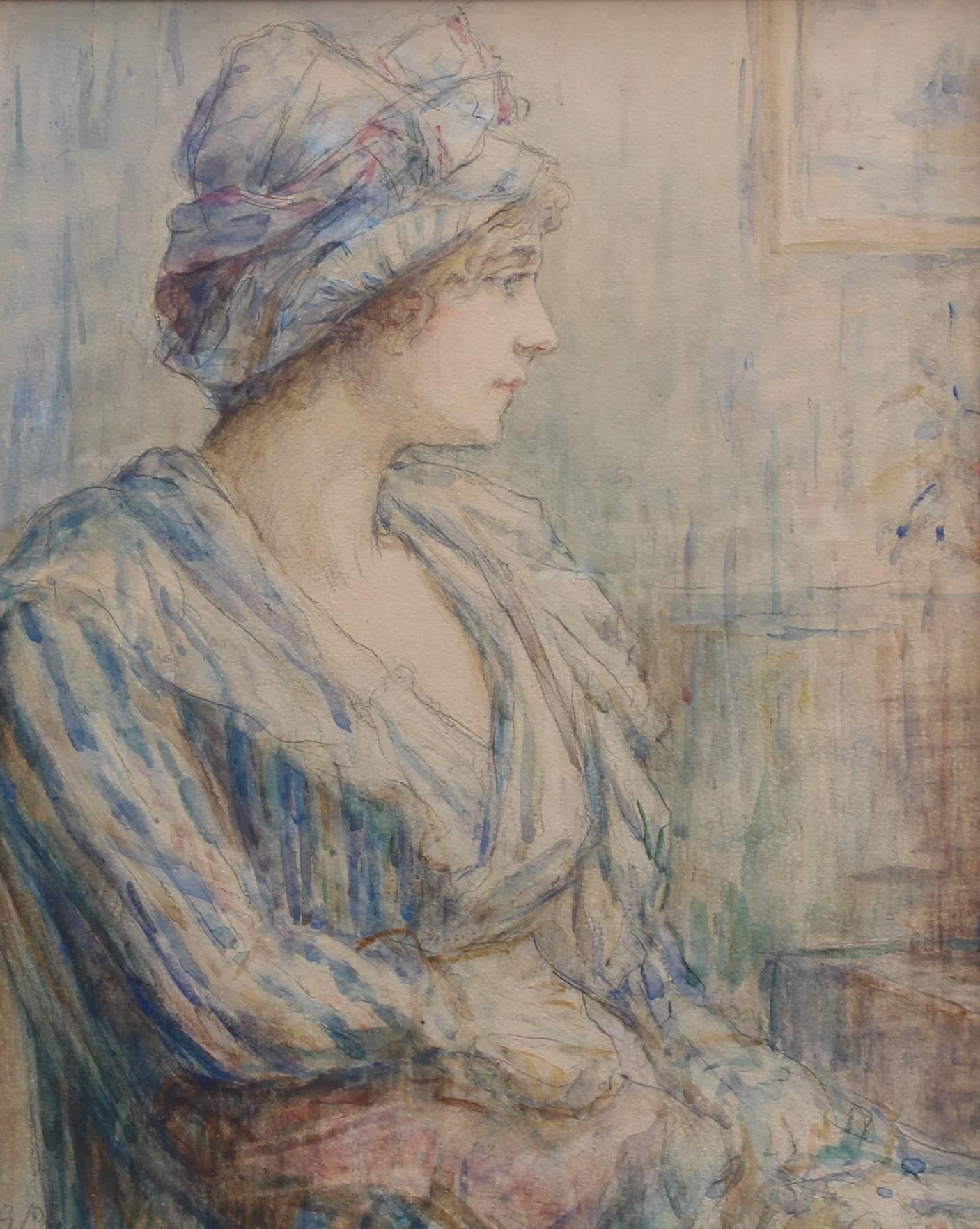 'Portrait of a Young Woman in Bust' (early 1900s), watercolour and pencil on fine paper, by British artist, Sara Page, (1855 - 1943). A delightful portrait whose subject is attired in the distinctive wear of this era. The work is reminiscent of