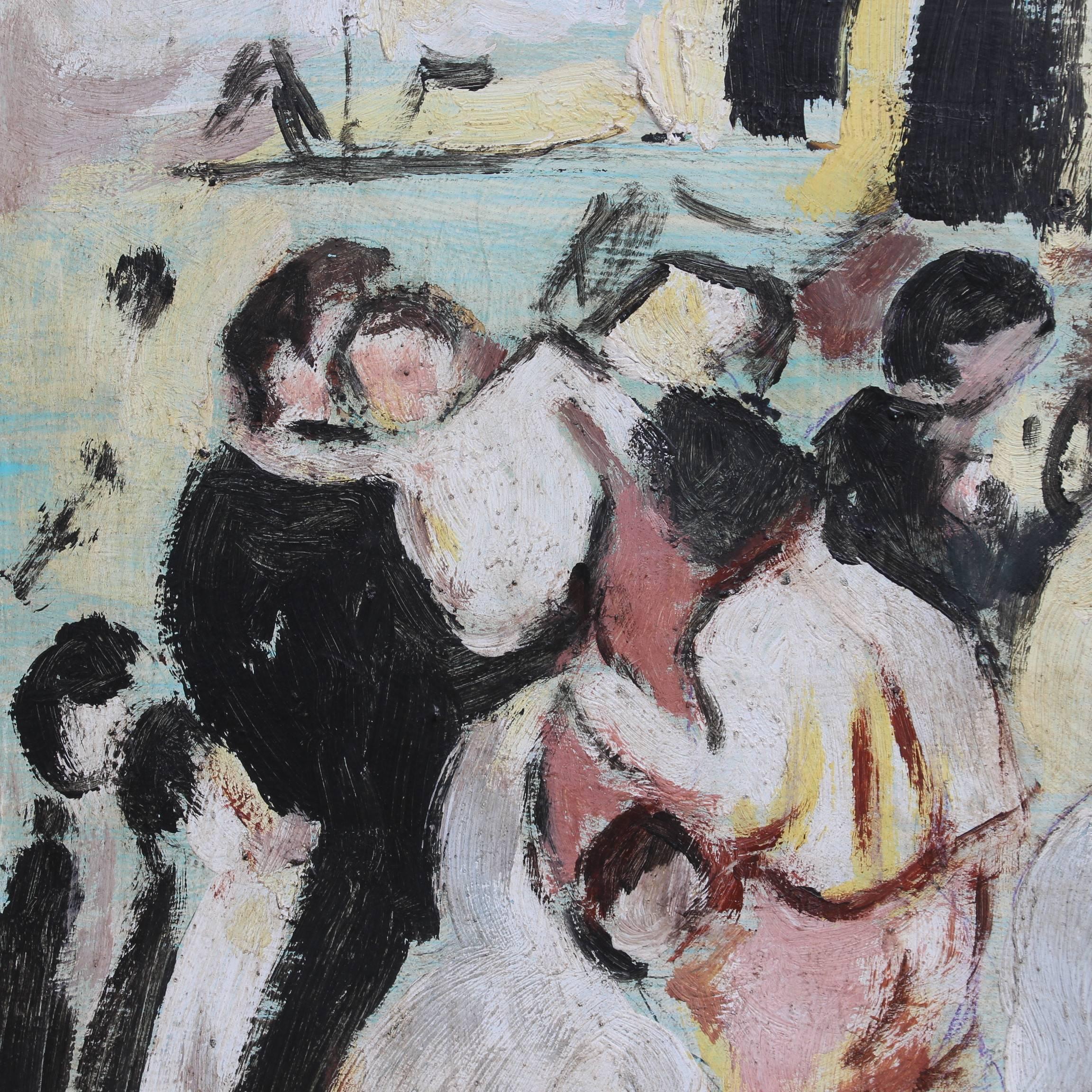 'French Beach Scene', oil on board (1964), by Unknown Artist. This work depicts a scene of onlookers on the beach, perhaps next to a boardwalk, observing a spectacle that the painting's viewer is not privy to. Some of the figures are fully clothed