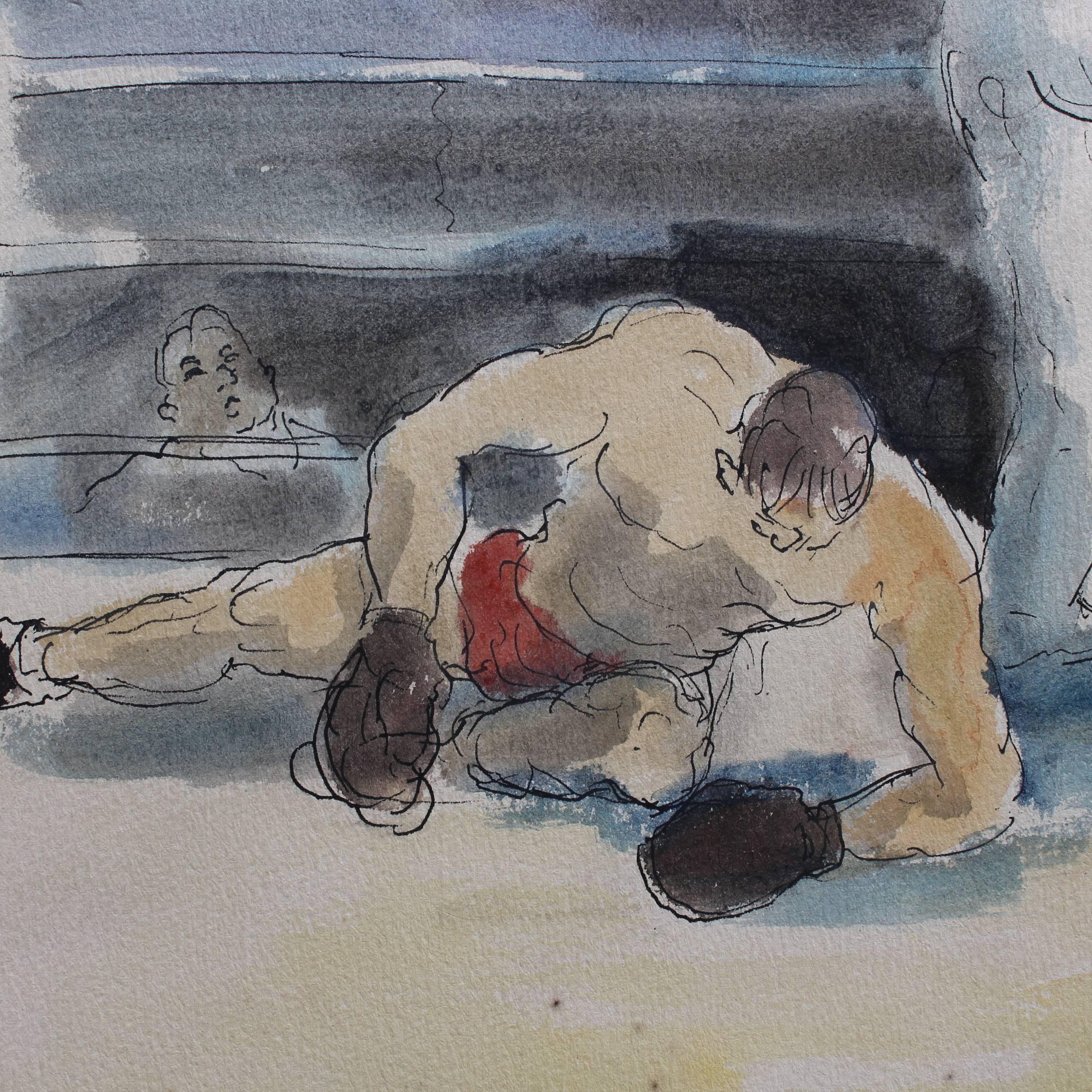 'Les Boxeurs II - Combat de Boxe' (c. 1940s), ink and watercolour on paper, by Pierre Ambrogiani (1907 - 1985). One boxer is down for the count having just collapsed to the ring's canvas after being dealt a solid blow from his opponent. The other,