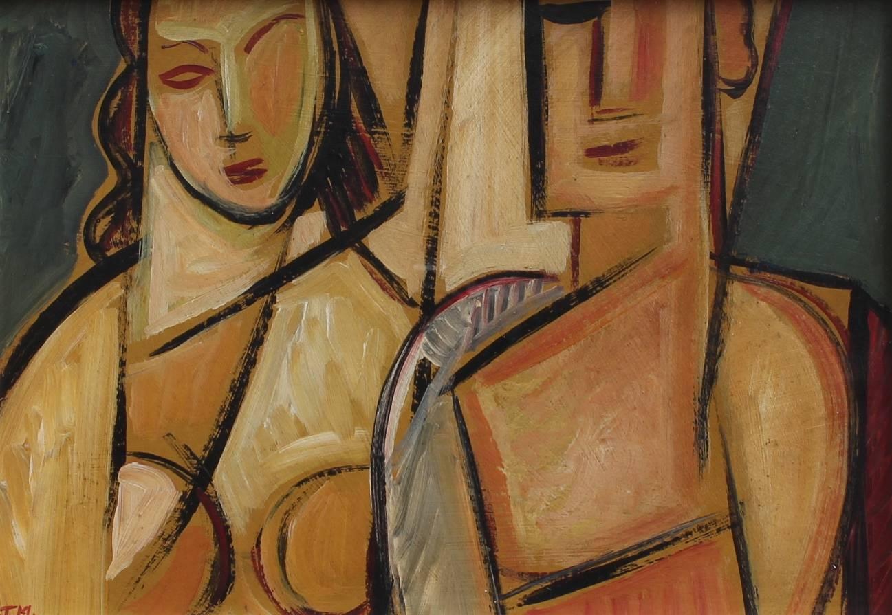 Portrait of Man and Woman - Cubist Painting by Unknown