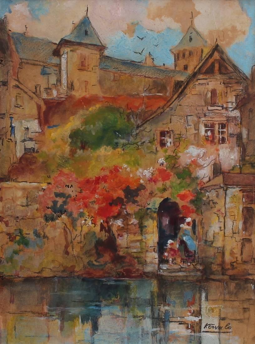 'Riverview of Dinan', watercolour, crayon and pencil on paper (c. 1950s), by Robert Kervalo (1902 - 1974). Dinan is one of the most beautiful cities in Brittany in the western part of France. A medieval fortified town built into the hillside but