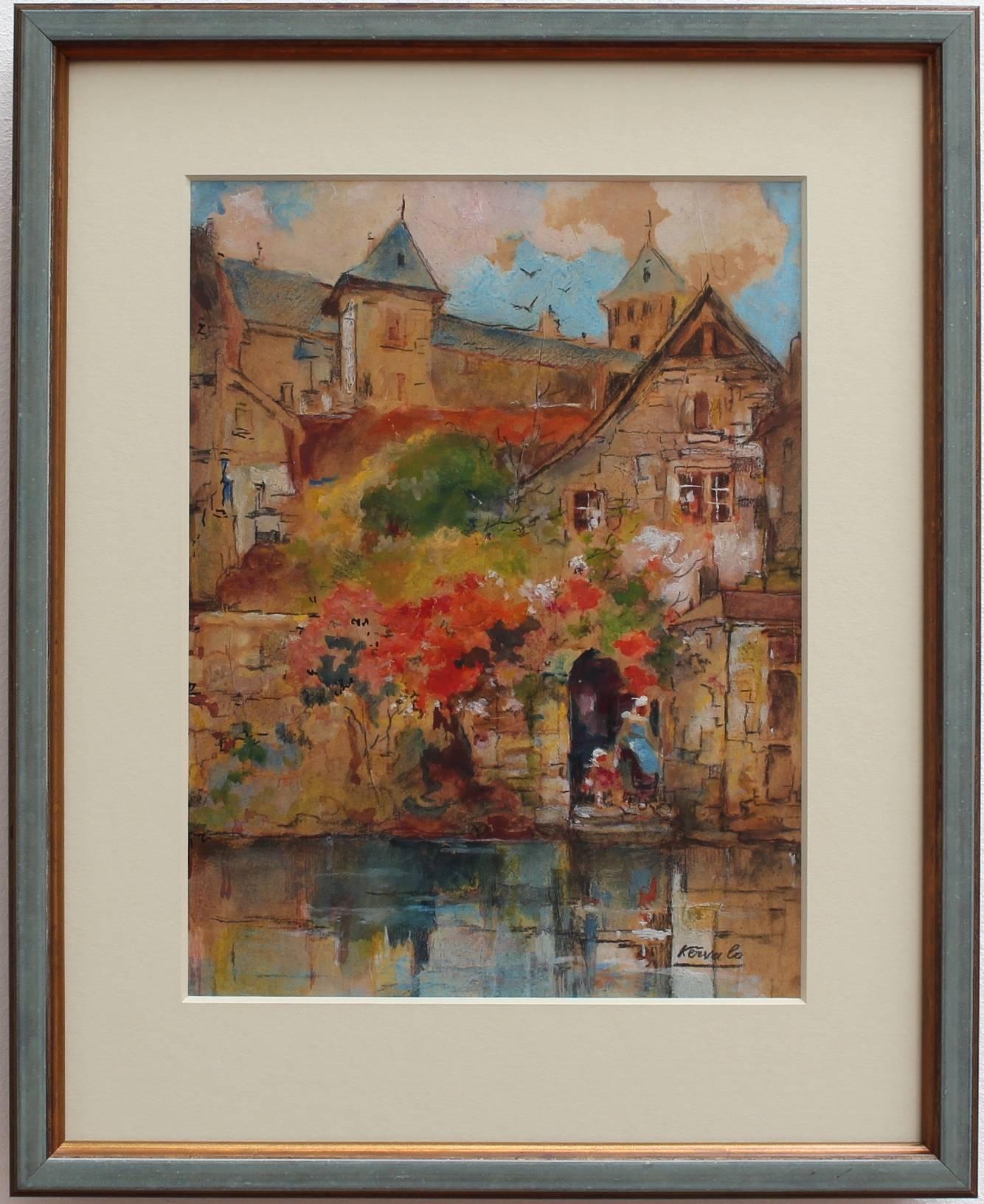 'Riverview of Dinan' by Robert Kervalo, Landscape Watercolour Painting c. 1950s 3