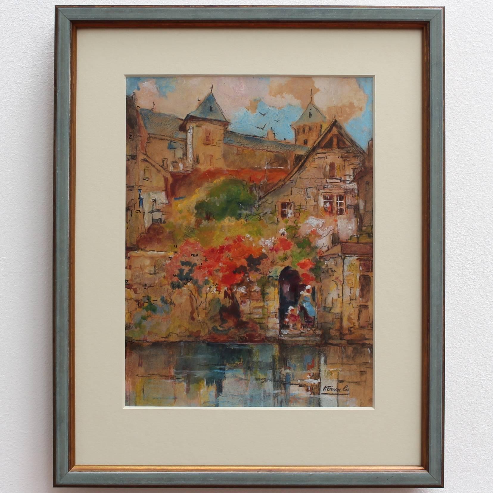 'Riverview of Dinan' by Robert Kervalo, Landscape Watercolour Painting c. 1950s 1