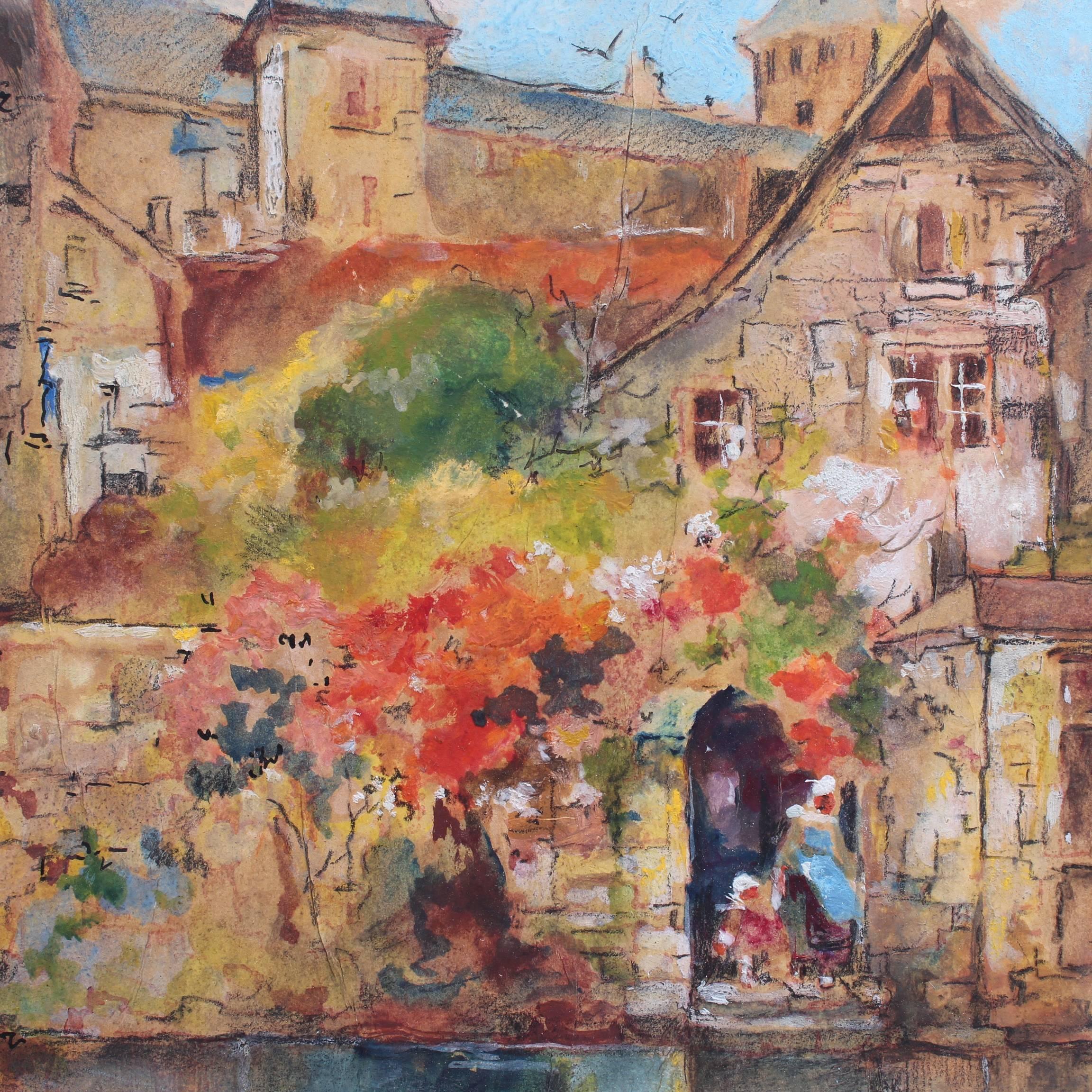 'Riverview of Dinan' by Robert Kervalo, Landscape Watercolour Painting c. 1950s 6