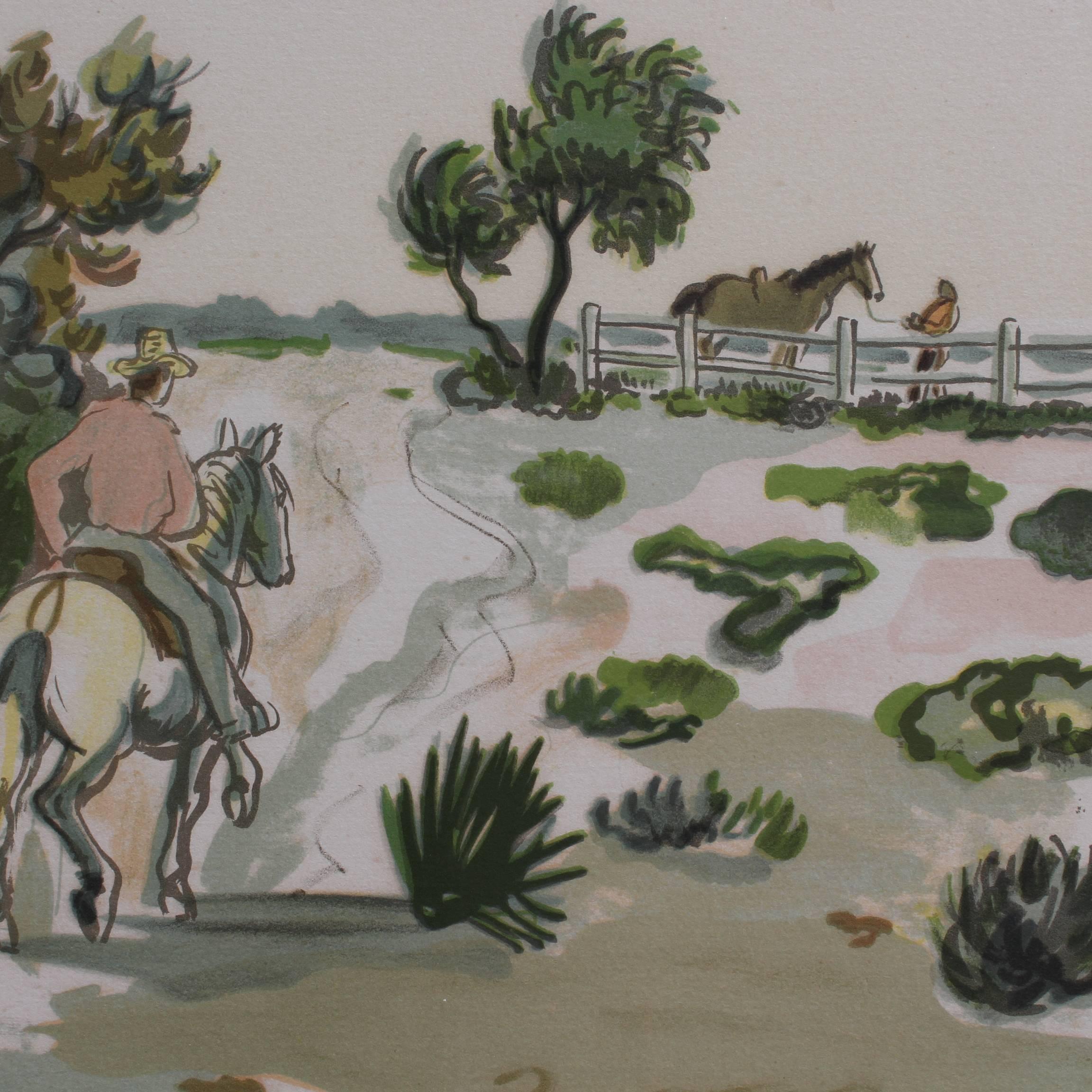 'La Cabane Gardianne', lithograph (1974), by Yves Brayer (1907 - 1990). Brayer loved the Camargue region of France and painted it widely. The Carmargue is a vast, swampy delta near Arles, very exotic, with tall marsh grasses where pink flamingos,