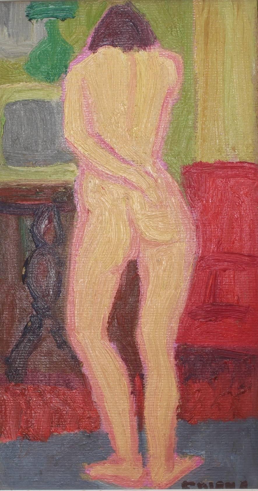 'Standing Nude', oil on board, (c. 1960s) by François Diana (1903 - 1993). This work of sumptuous colour and sensuous subject matter is immediately appealing. It is summertime in the French Riviera and Provence. A woman, nude, poses for the artist