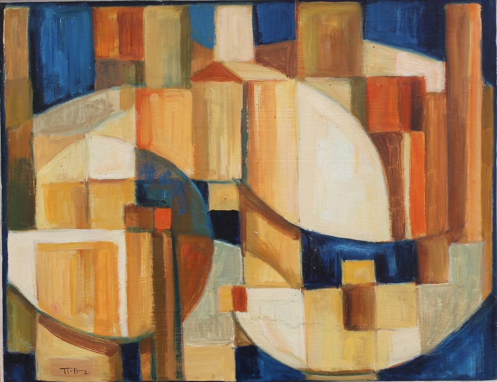 'Village Lines in Colour', abstract oil on board (c. 1980s) by Jean Jaffeux (1931 - 2015). This dramatic townscape of lines, curves and angles is captivating. The muted central colours are juxtaposed against splashes of blue, yellow and orange in