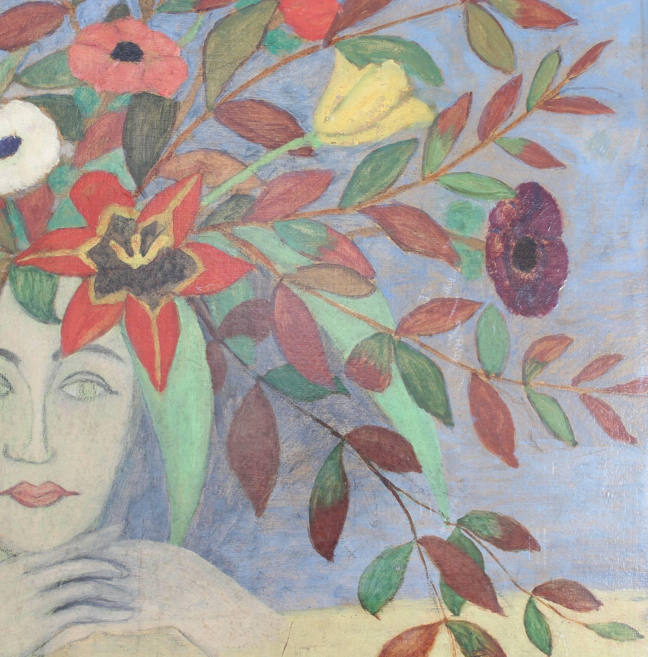 Flowered Lady (Grau), Portrait Painting, von M J d'Ayzé