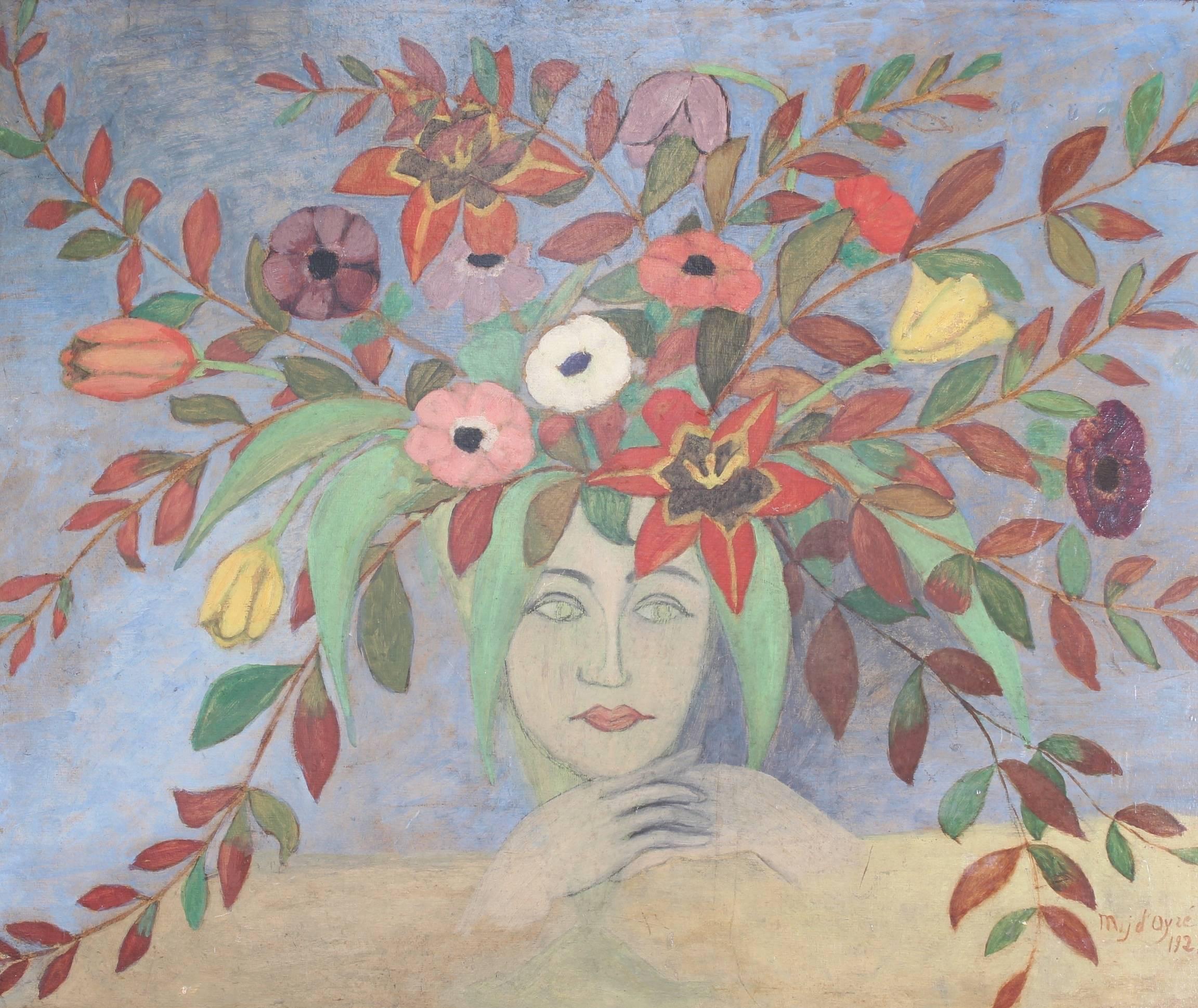 M J d'Ayzé Portrait Painting – Flowered Lady