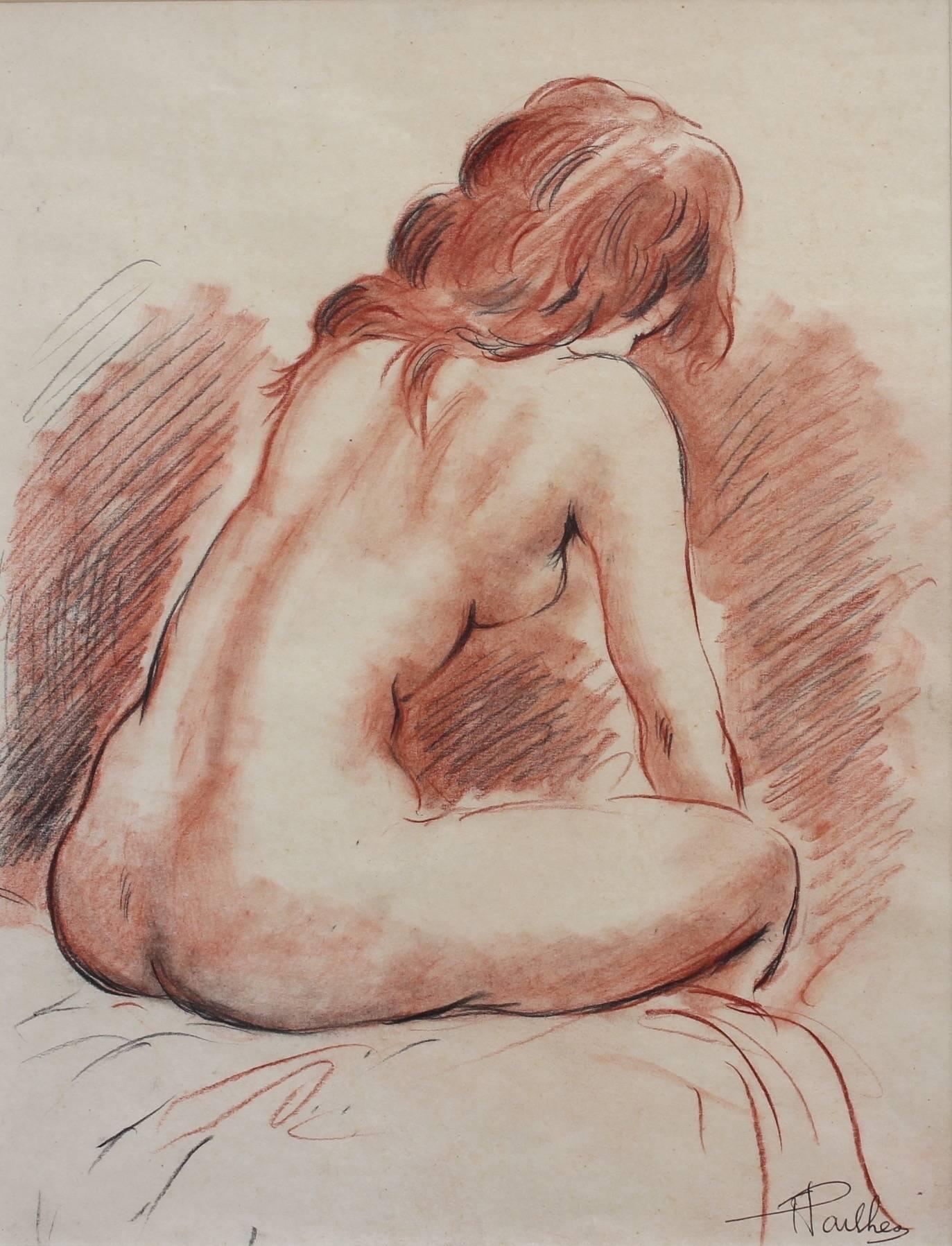 In 'Reclining Nude Young Woman' (circa 1950s), crayon and graphite on paper, Pailhès sketched this beautiful young woman reclining in bed. Although her face is not visible, the artist has captured her posture and body language which shows she is