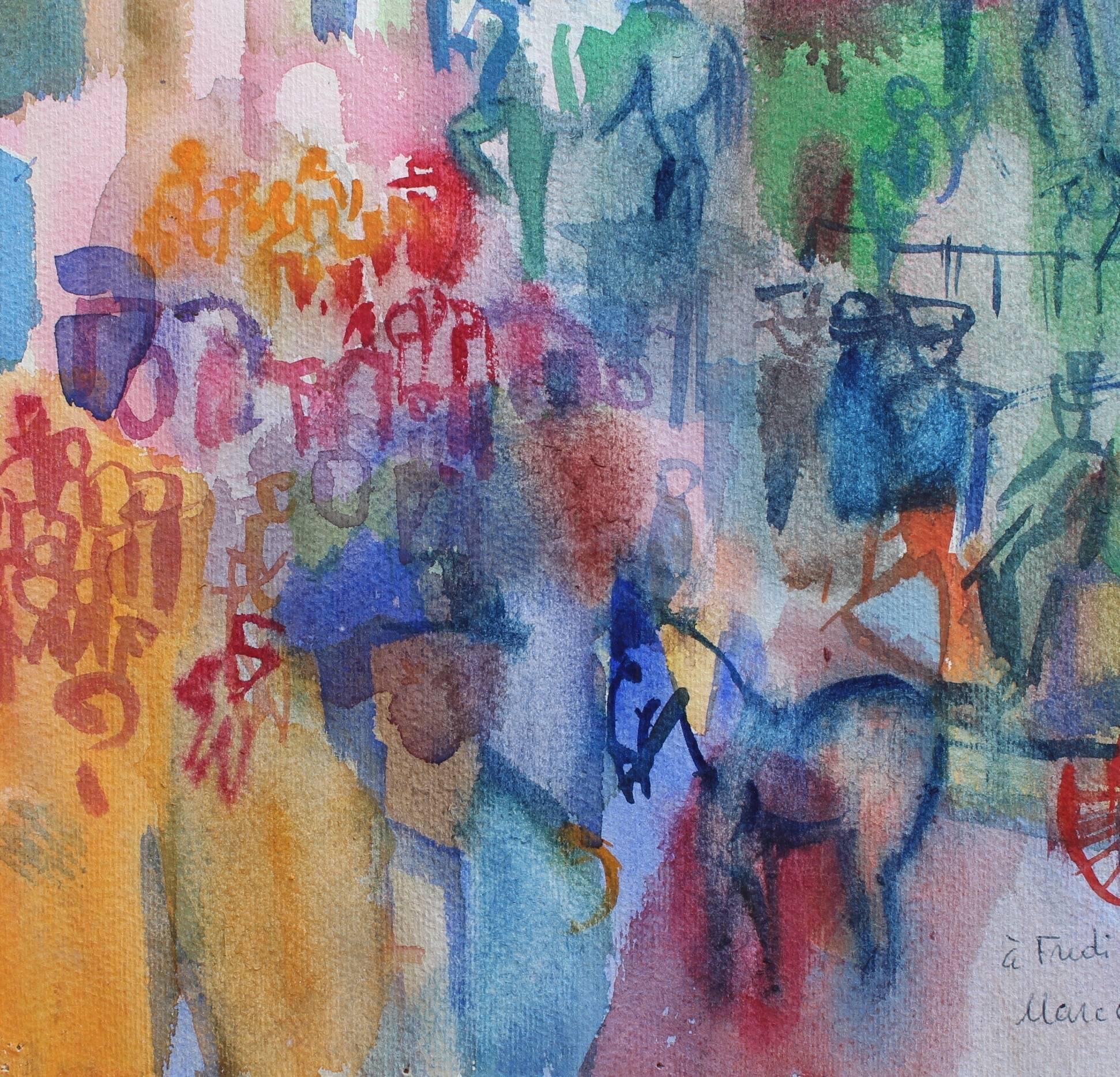 'Views of Florence II - Neptune and the Pigeons of the Piazza Signoria', watercolour on paper (1958), by Marcella (Unknown). A second painting in the series - this is another delightful, radiant depiction of Florence's monuments, buildings, people