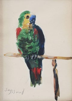 Vintage 'The Parakeet' by René Seyssaud, Watercolour Bird Portrait Painting, c. 1930s