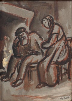 'The Couple in Front of the Fireplace' by René Seyssaud, Watercolour c. 1930s