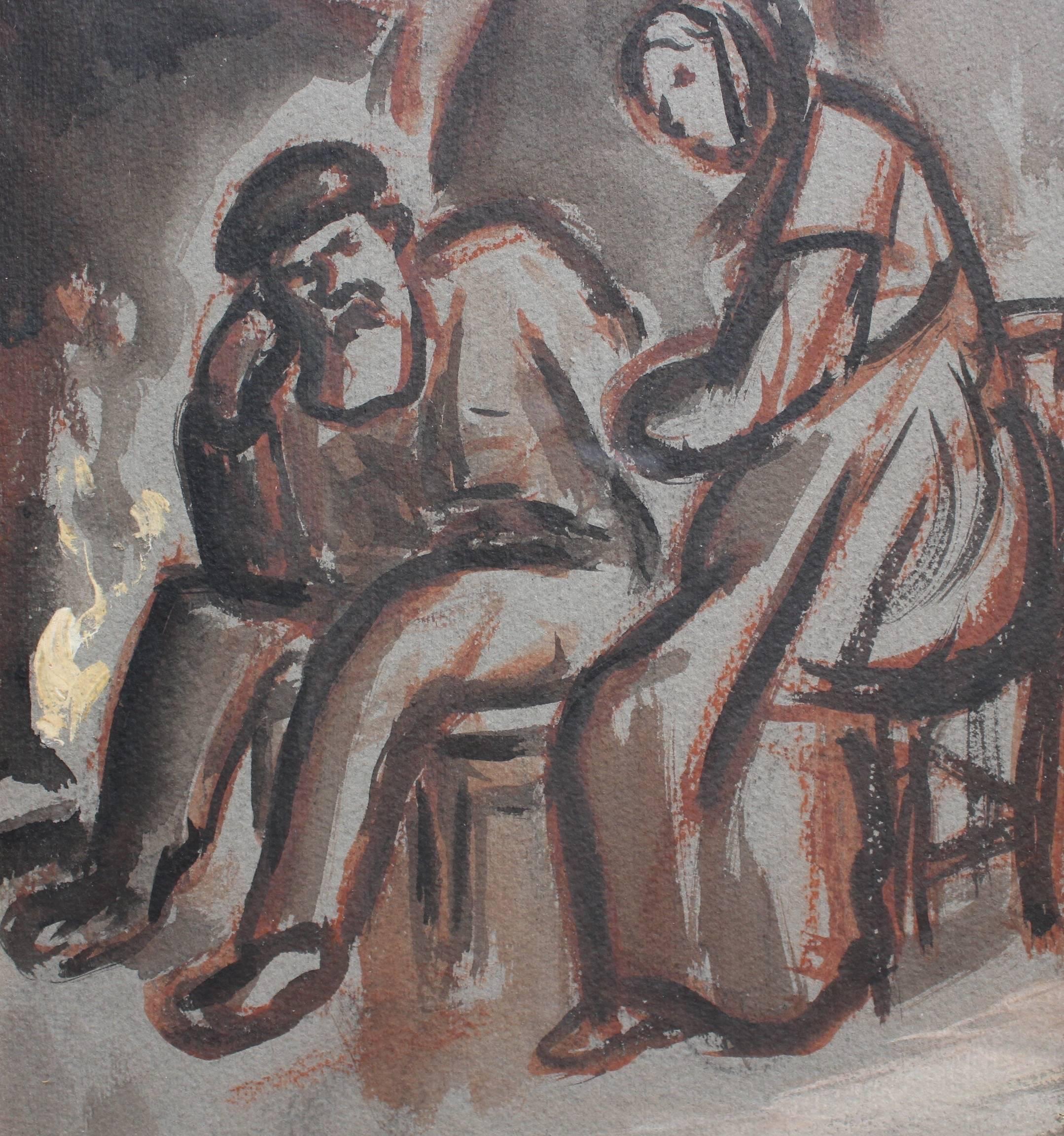 'The Couple in Front of the Fireplace' by René Seyssaud, Watercolour c. 1930s 4