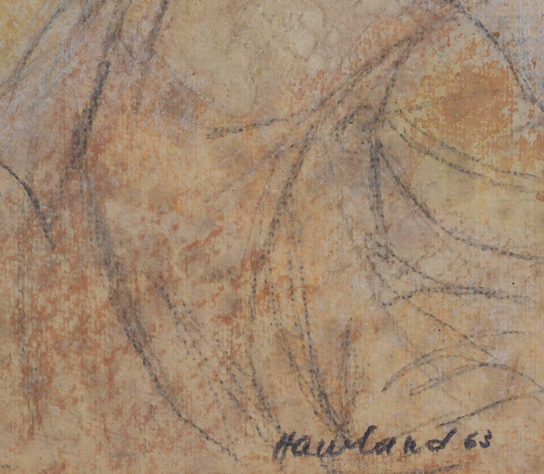 'Classical Figures', pastel crayon, graphite and gouache on paper by artist, Hawland (1963). A classical scene of nude figures reminiscent of a fresco from antiquity. Just like an actual fresco, this beautiful work, although signed, remains