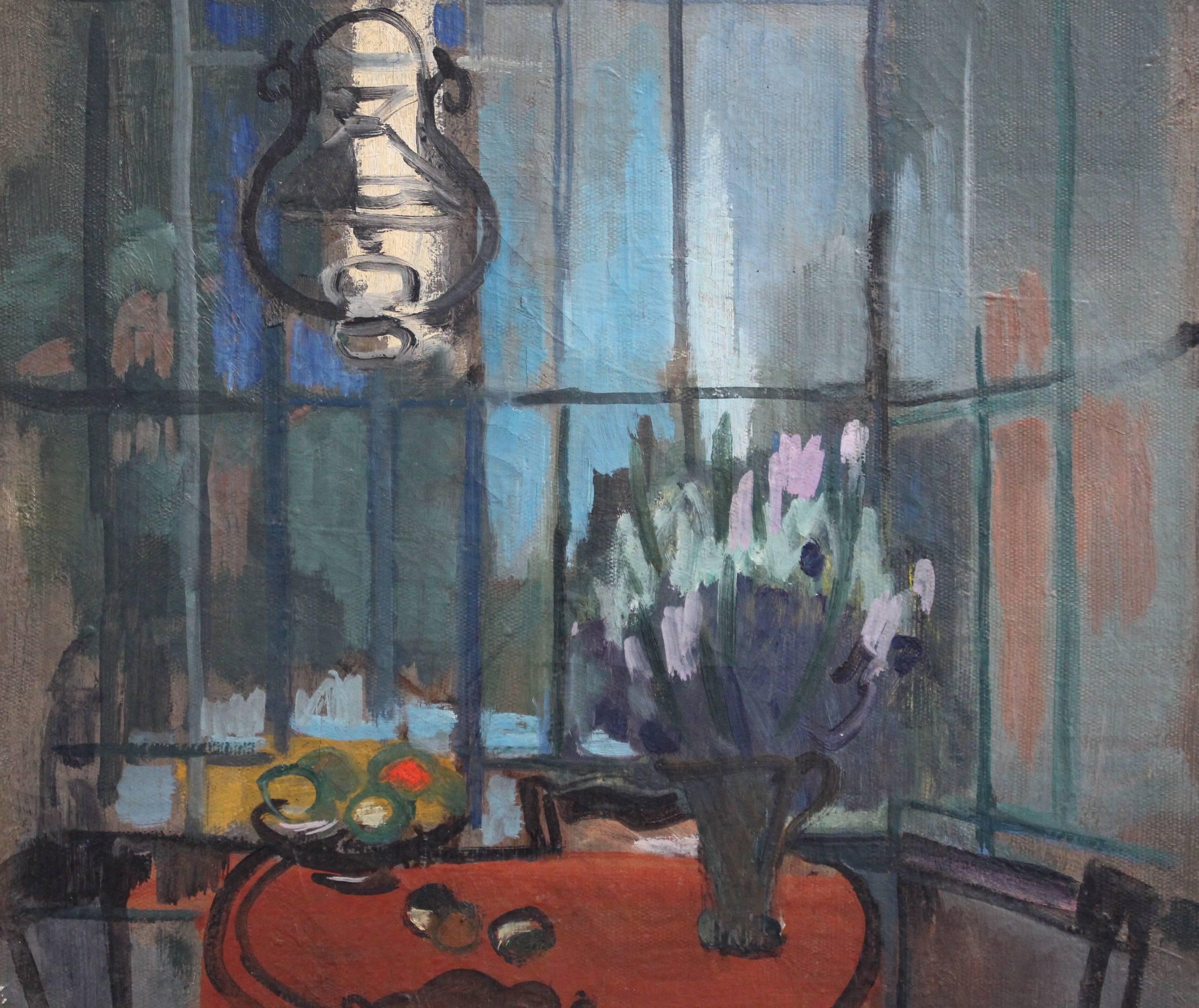 'Interieur', oil on canvas (1950), by Lili Pieter Van Leer (1905 - 1966). The sensuous mood captured by the artist in this work is extraordinary. The subdued colours of the evening light seep through the delicate conservatory-style windows. The