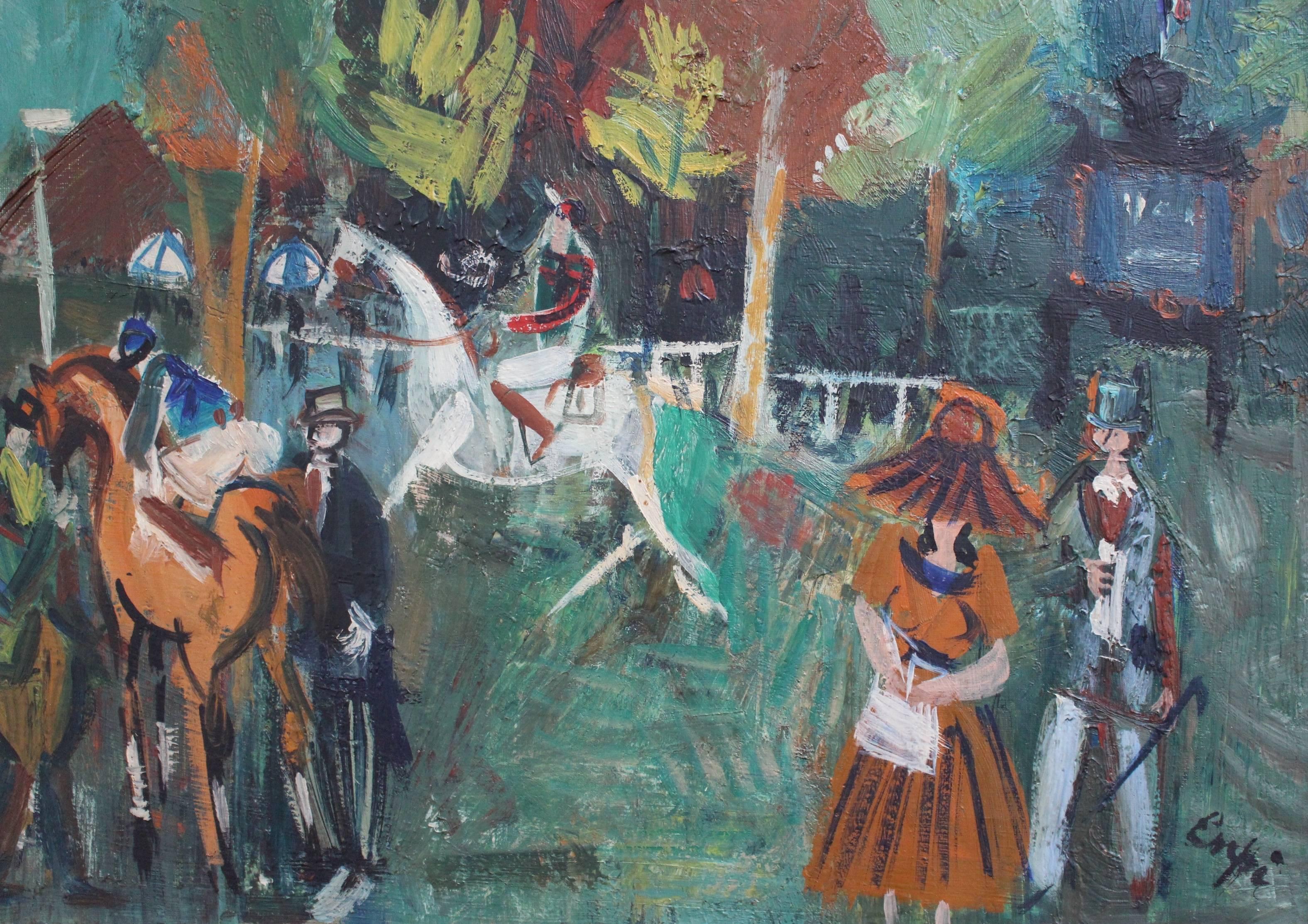'Longchamp Racecourse Paris', oil on canvas (circa 1960s), by Maurice Empi (1933 -      ). A recurring theme in Empi's work comes from his love of the horse races - the colours, the crowds and of course the horses all figure in this vibrant work. In
