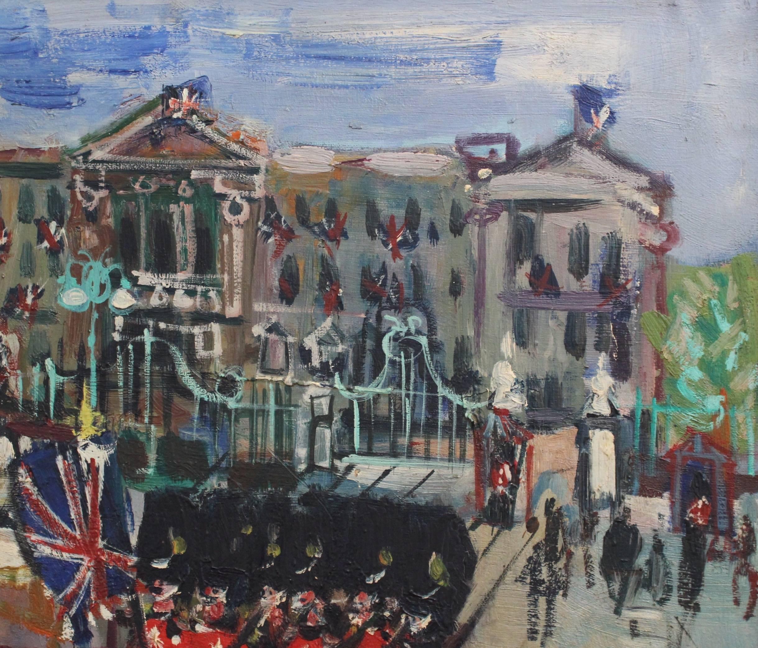 'Changing of the Guard at Buckingham Palace' by Maurice Empi, London c. 1960s  - Gray Figurative Painting by Maurice EMPI