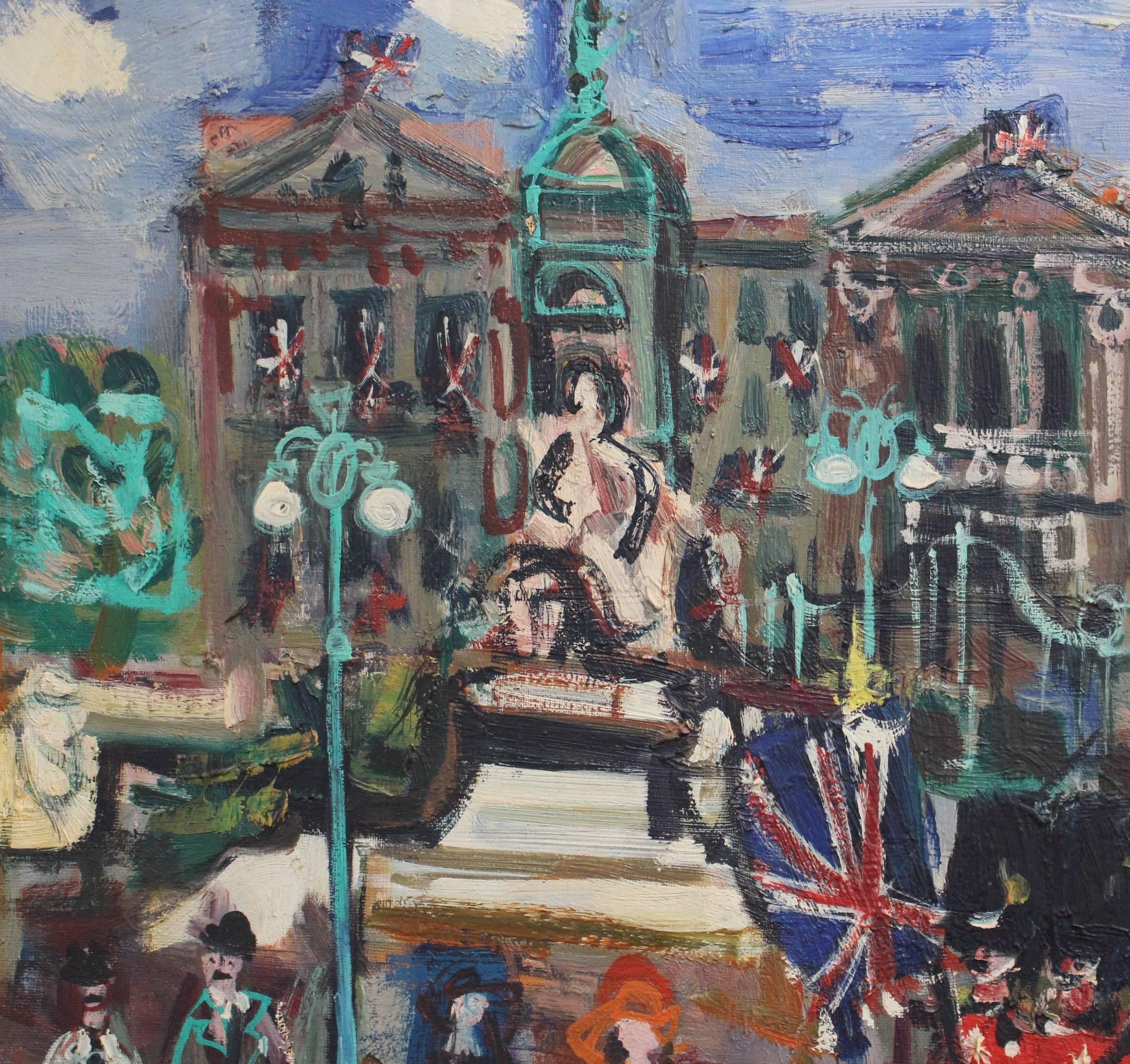 'Changing of the Guard at Buckingham Palace', oil on canvas (circa 1960s), by Maurice Empi (born 1933). Empi loved to paint views of Paris and Venice. This is an extremely rare painting of his featuring a view from the other side of the Channel.