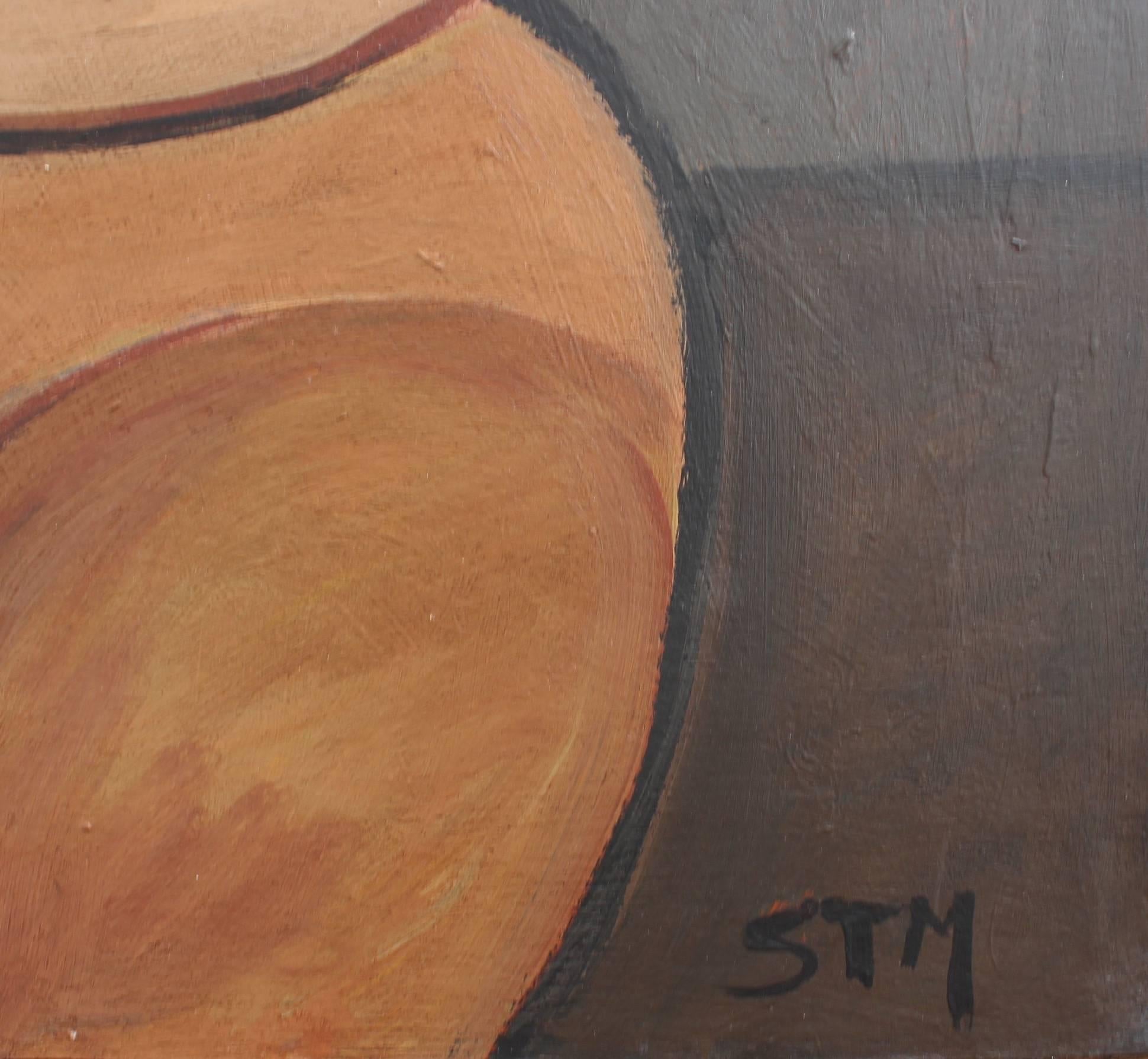 'Seated Cubist Nude', oil on board, by artist with the initials STM (circa 1950s). A splendid cubist depiction, this is a significant portrait of a seated nude woman in geometric perspective. The earth-tone hues - brown, beige, clay-red with a