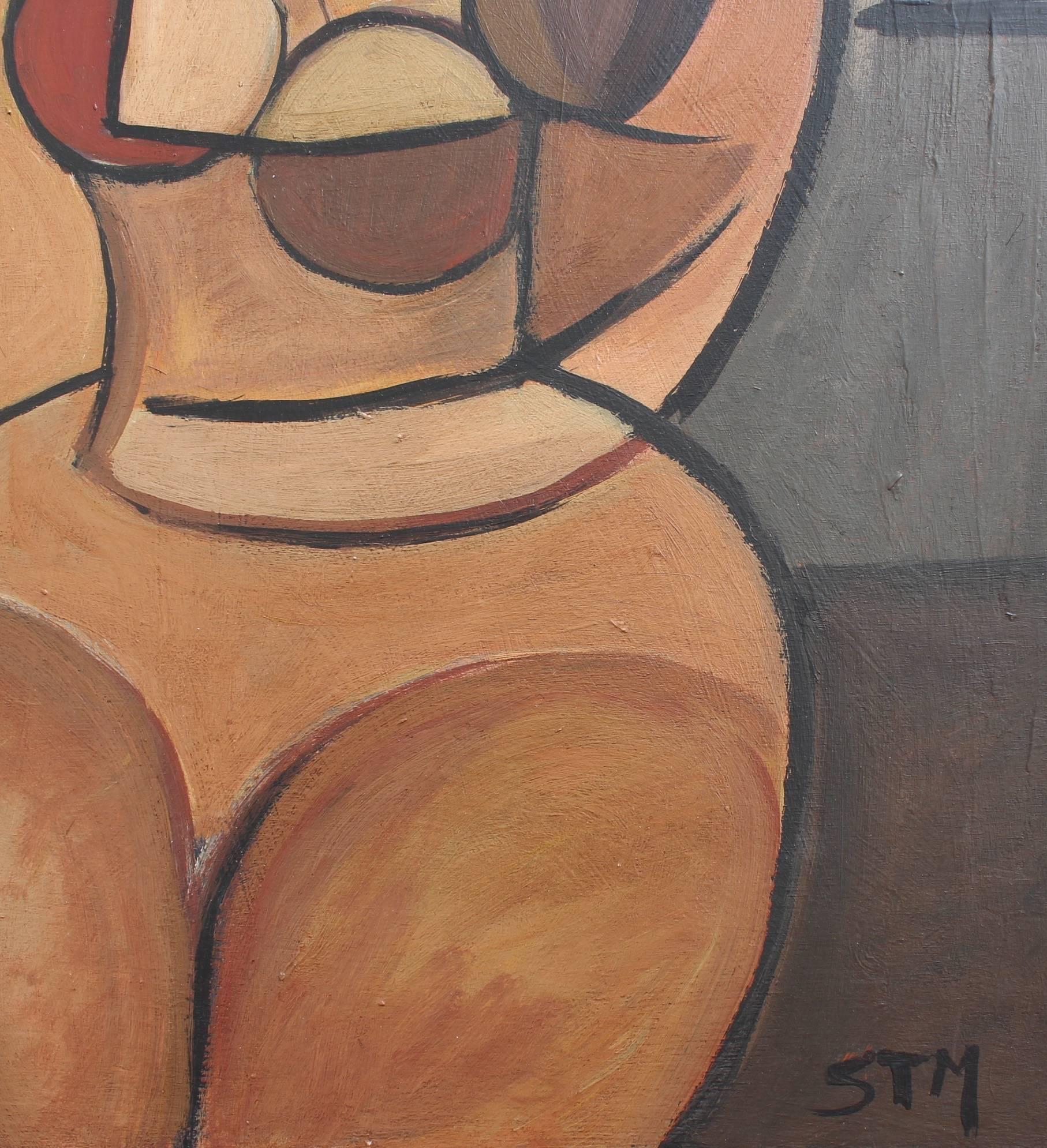 Seated Cubist Nude - Brown Portrait Painting by Unknown