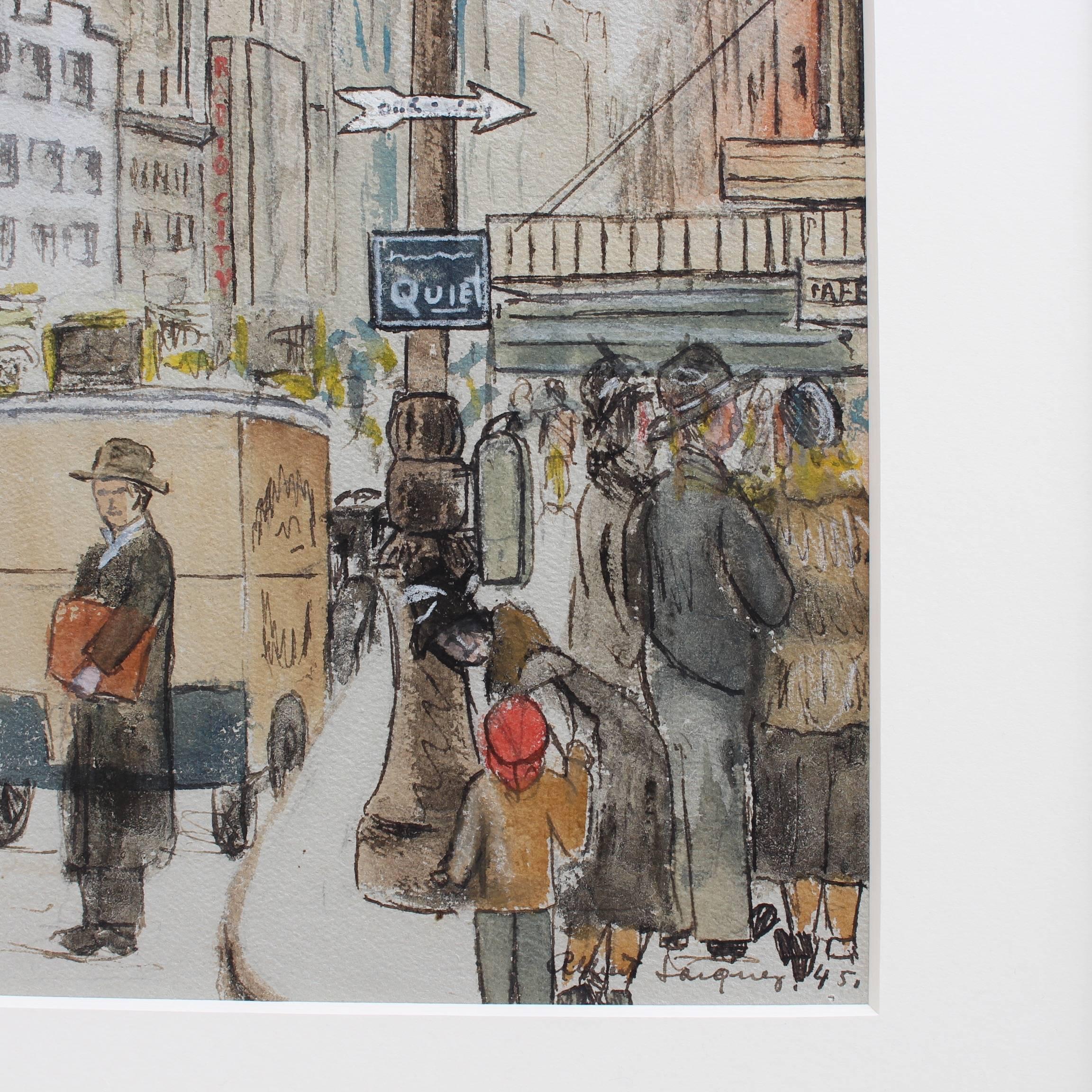 'New York West 55th Street', pen and gouache on fine paper (1945), by Albert Jacquez, (1895 - 1962). A nostalgic image of a very busy New York City corner, W. 55th Street and Avenue of the Americas, dated 1945.

It could almost be today but for the