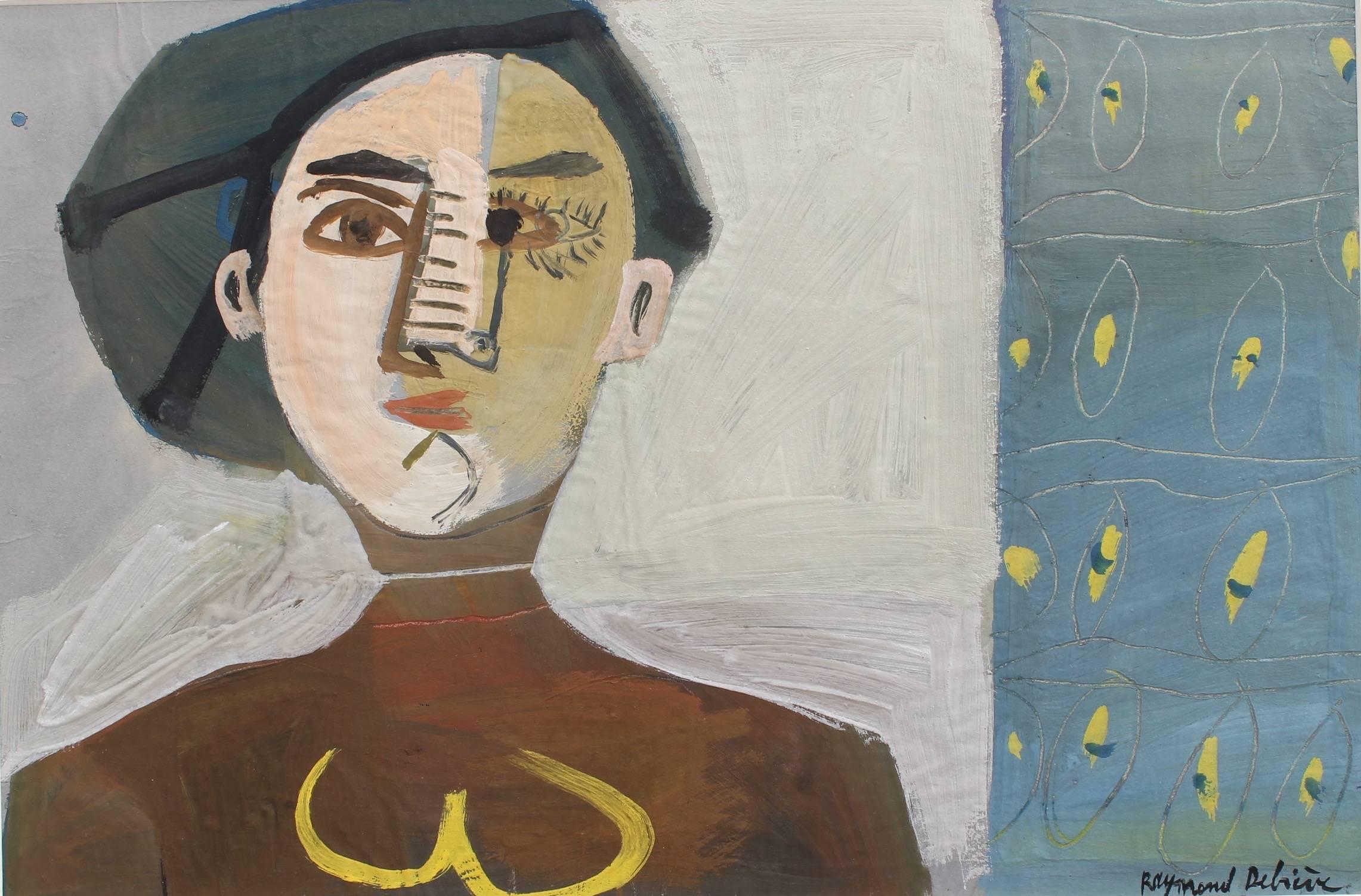 'Portrait of a Post-Cubist Woman', gouache on paper (circa 1960s), by Raymond Dèbieve (1931 - 2011). A pattern of mysterious Egyptian-inspired eyes dominate the right side of this painting. The subject is partitioned and angular as she gazes at the