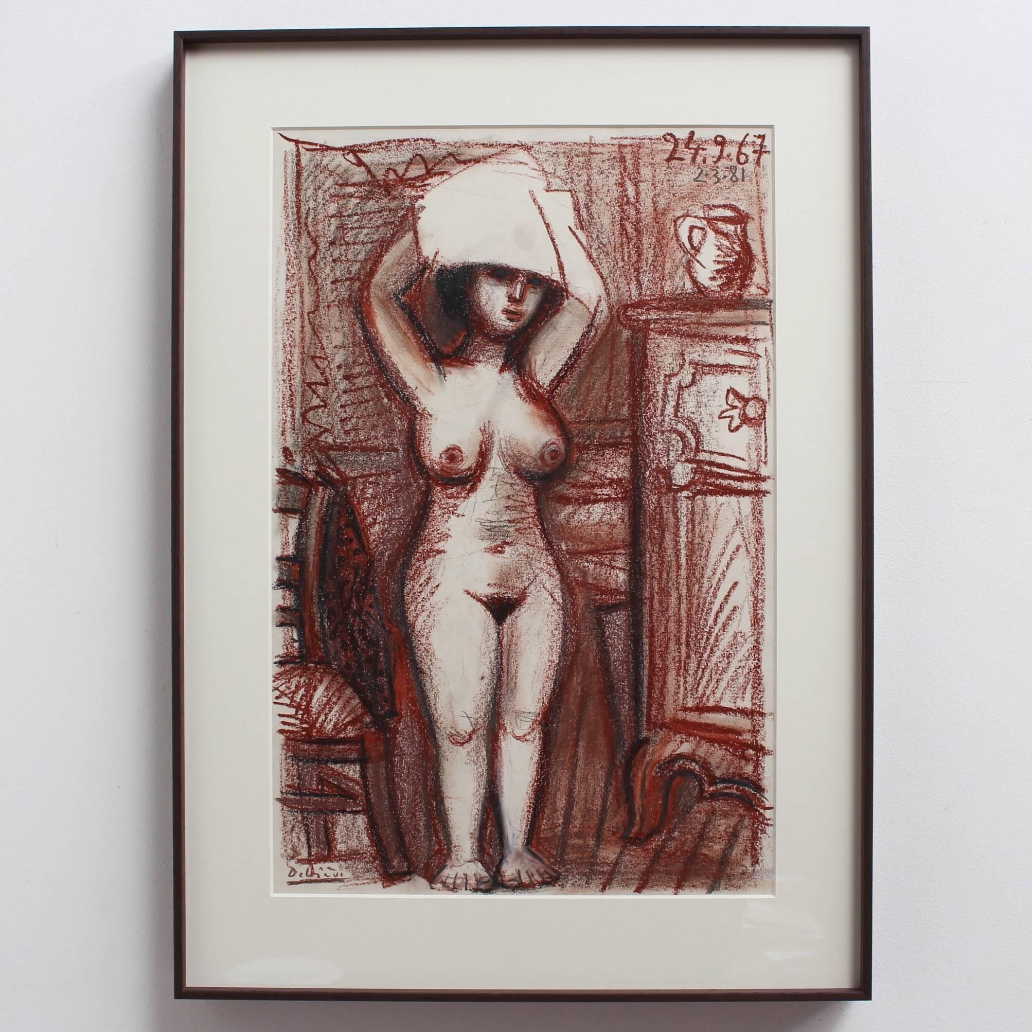 Nudefarbene Frau trocknet ihr Haar – Painting von Raymond Debieve