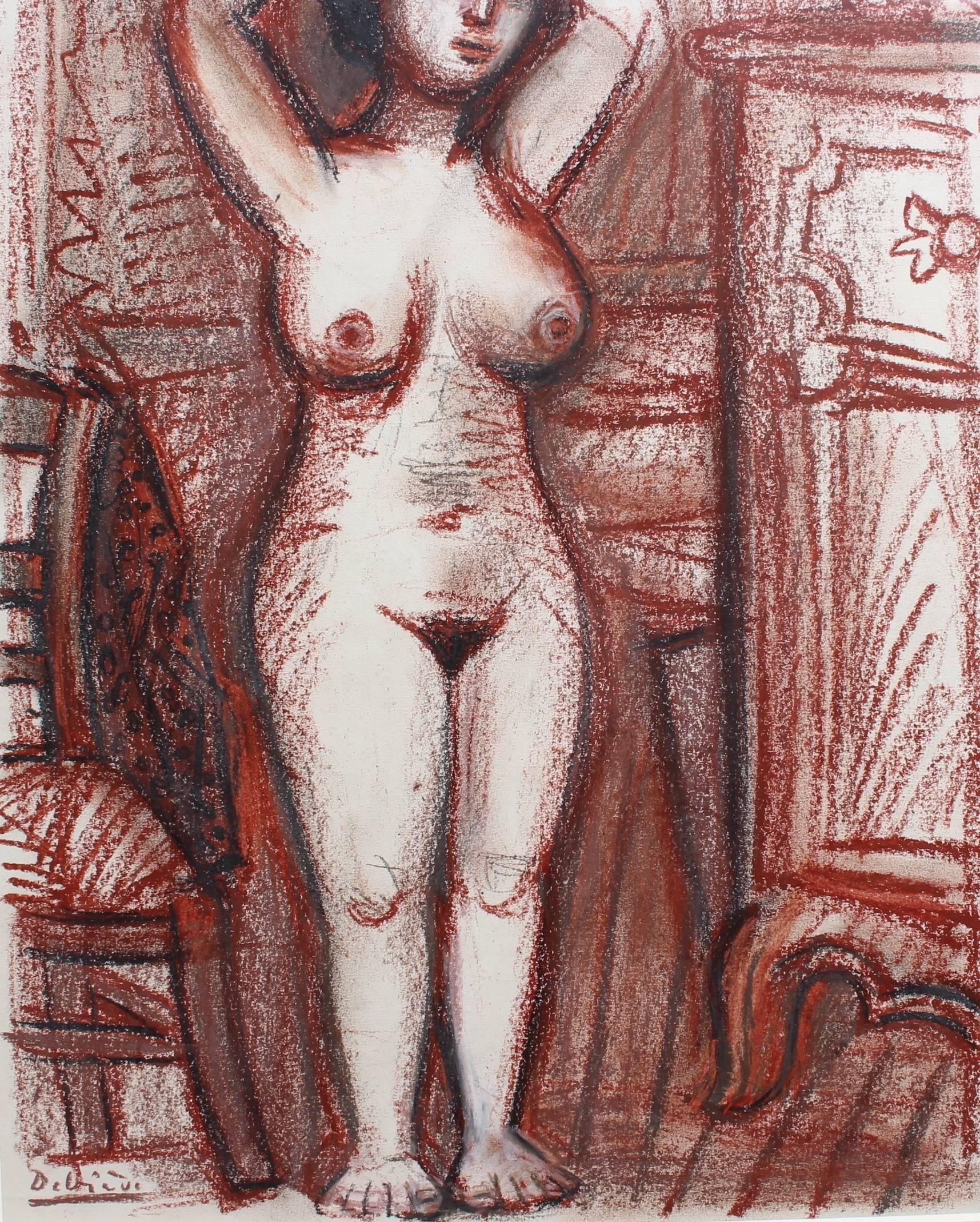 'Nude Woman Drying Her Hair', crayon and pencil on fine paper (1967), by Raymond Debiève (1931 - 2011). A shapely woman has just finished bathing and is drying her hair in the privacy of her bedroom. Her gaze suggests however, she is aware of the