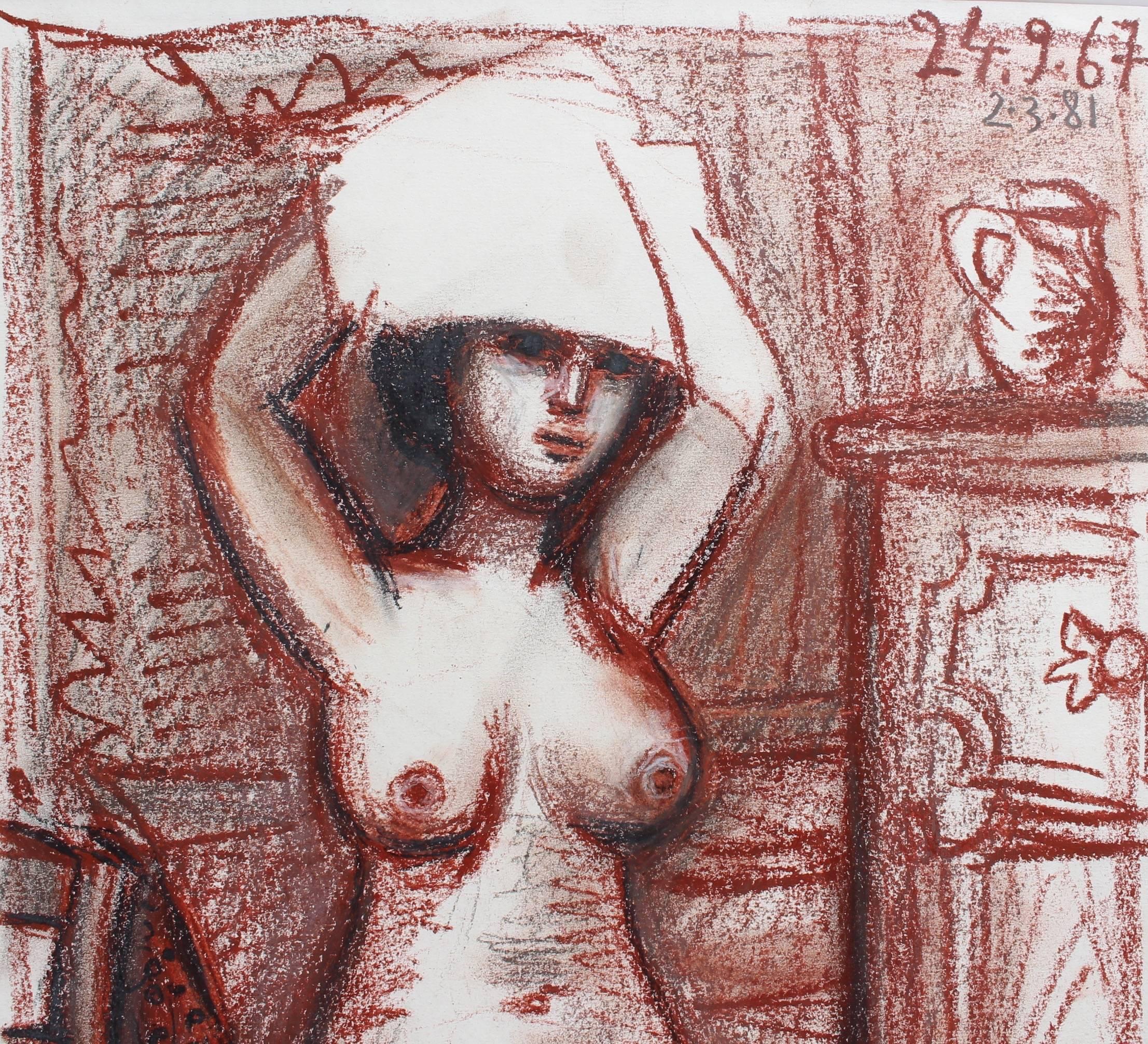 Nudefarbene Frau trocknet ihr Haar (Braun), Nude Painting, von Raymond Debieve