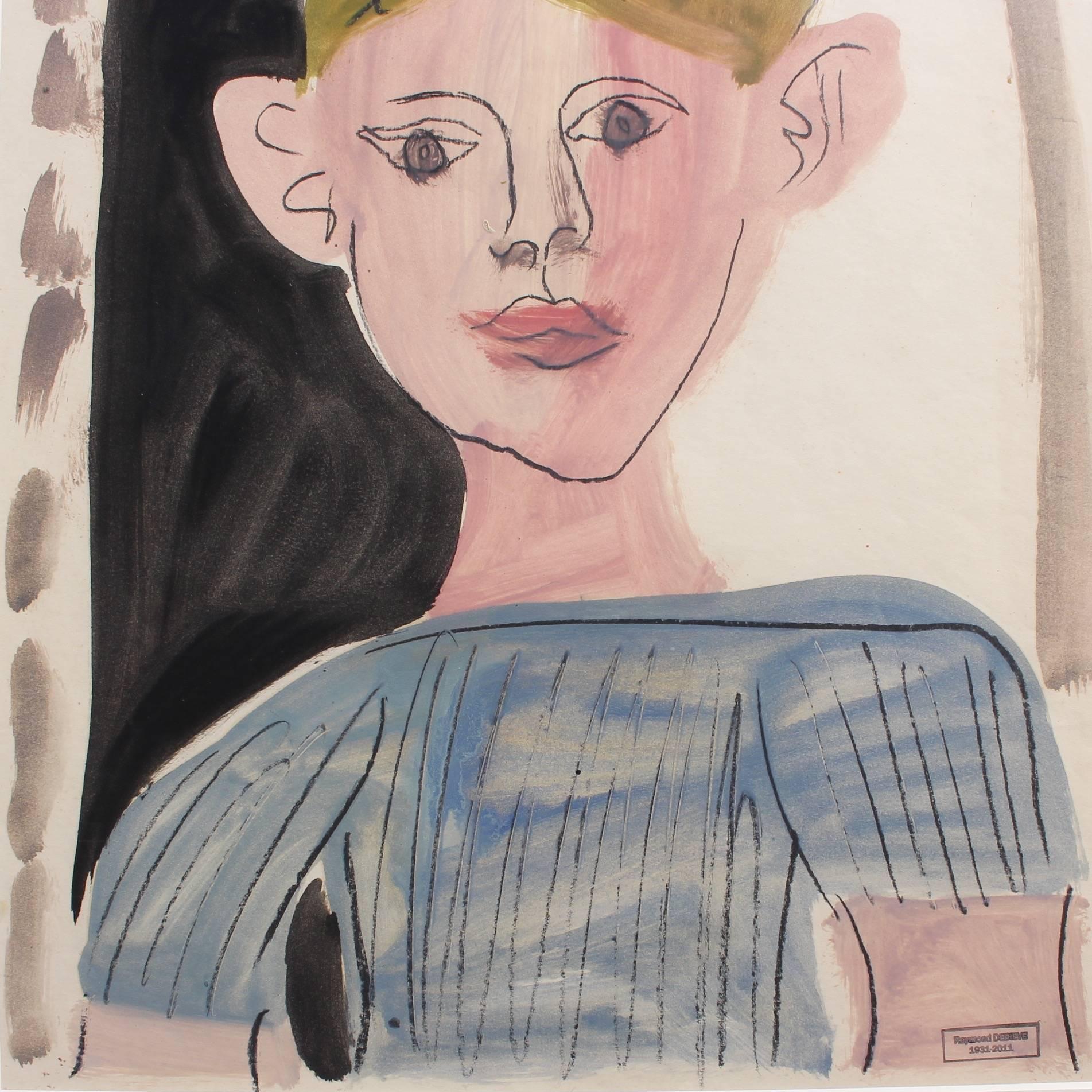 'Portrait of a Young Boy', mixed media on paper (circa 1960s) by Raymond Dèbieve (1931 - 2011). This is a warm and sympathetic portrait of a young boy, possibly the artist's son, Vincent, who was born in 1958. The boy's wide ears, pale skin and