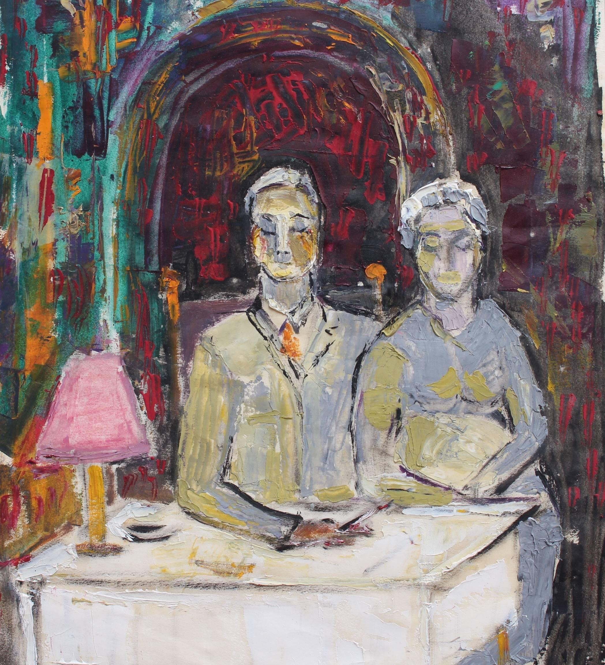 'Portrait of the Owners of the Cheval d'Or Paris', oil on paper, (1960) by René Hamiot (1912 - 1975). The Cheval d'Or was a well known restaurant and cabaret in Paris's Latin Quarter on Rue Descartes. It was open between 1955 and 1969 and was a