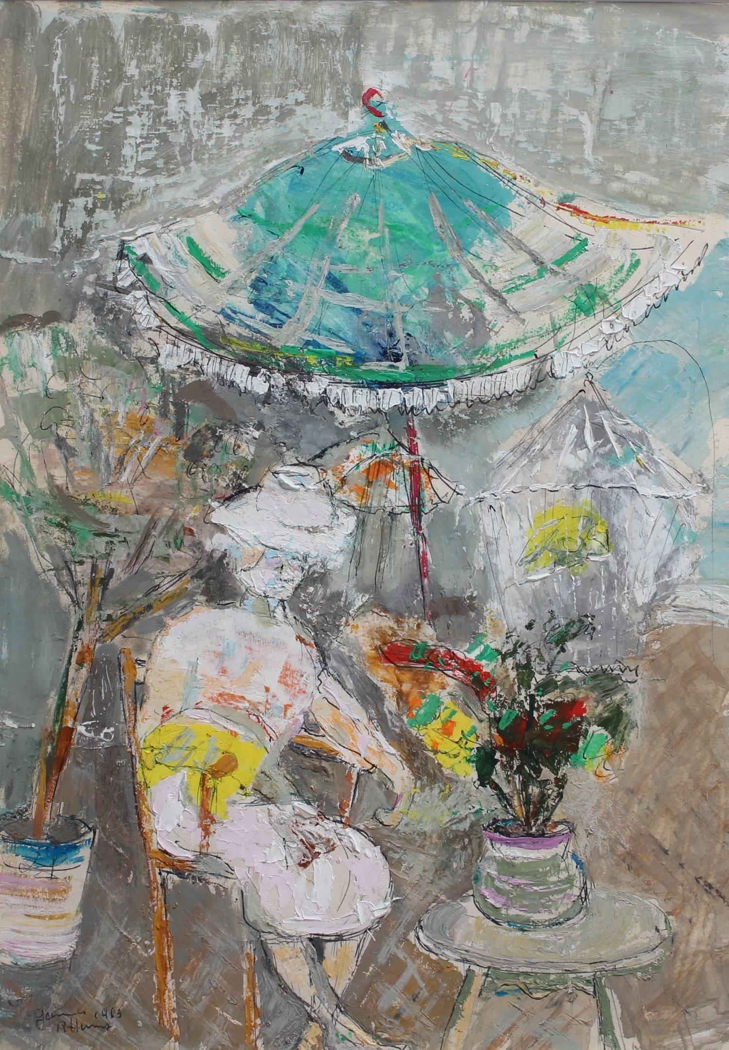 René Hamiot Abstract Painting - Reposing Woman Under a Parasol