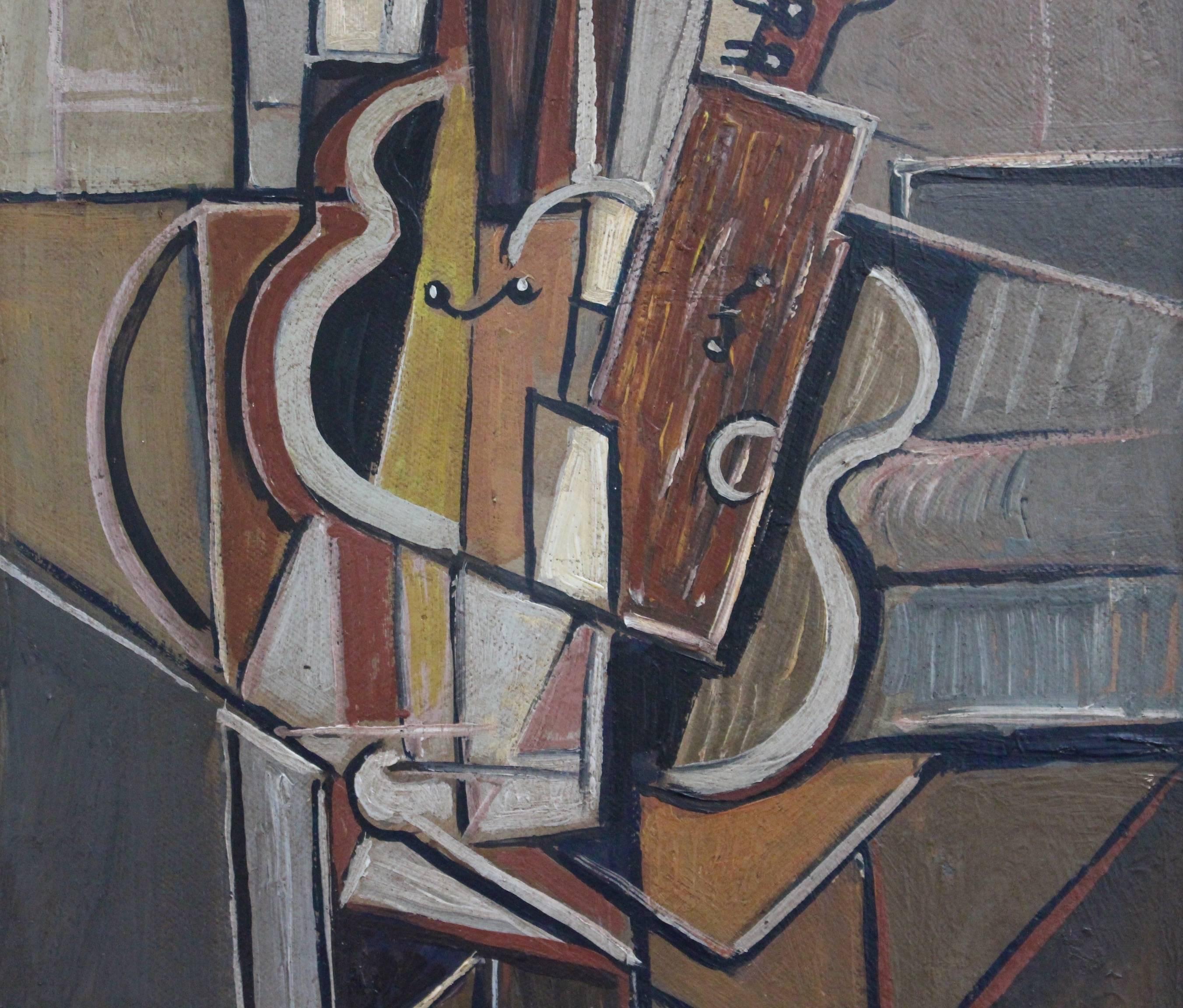 'Musical Strings', oil on board (circa 1940s - 1950s), by artist with the initials J.G. A sublime cubist representation of stringed instruments. The earth-tone hues - brown, beige, terracotta and a touch of green-grey all combine in angular forms