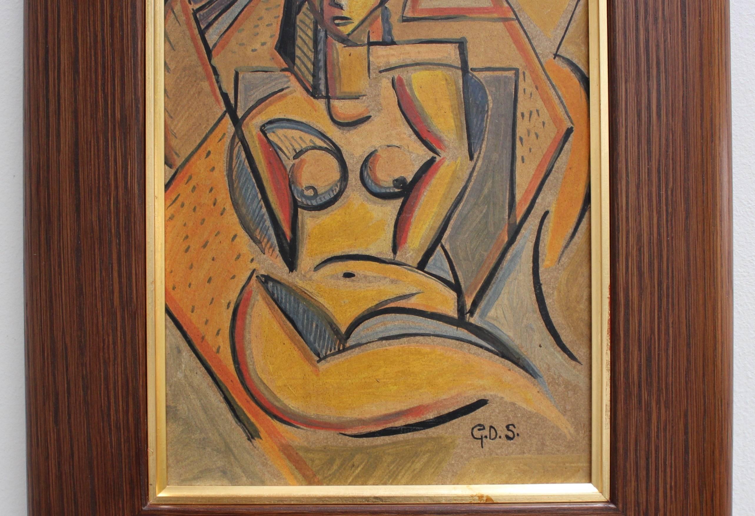 'Portrait of a Sunbathing Nude', oil on board, by artist with the initials GDS (circa 1940s - 1950s). A cubist beauty sunbathes on the beach. The sun is warm, the sand is hot and a cool breeze blows over the subject. The hues of yellow, orange, red