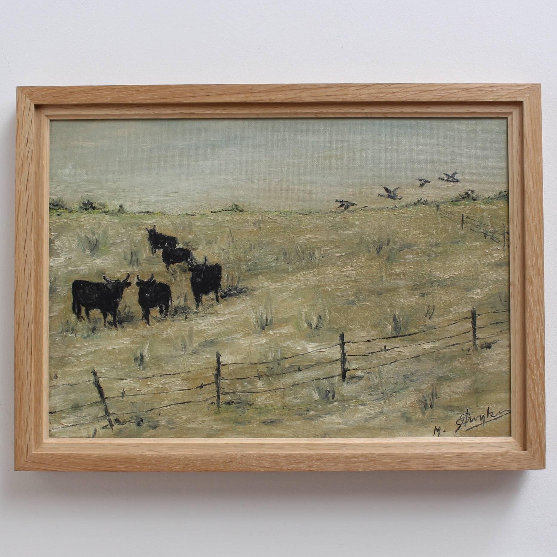 'Grazing Bulls in the Camargue' by M. Arvanitakis, Mid-Century Oil Landscape  1
